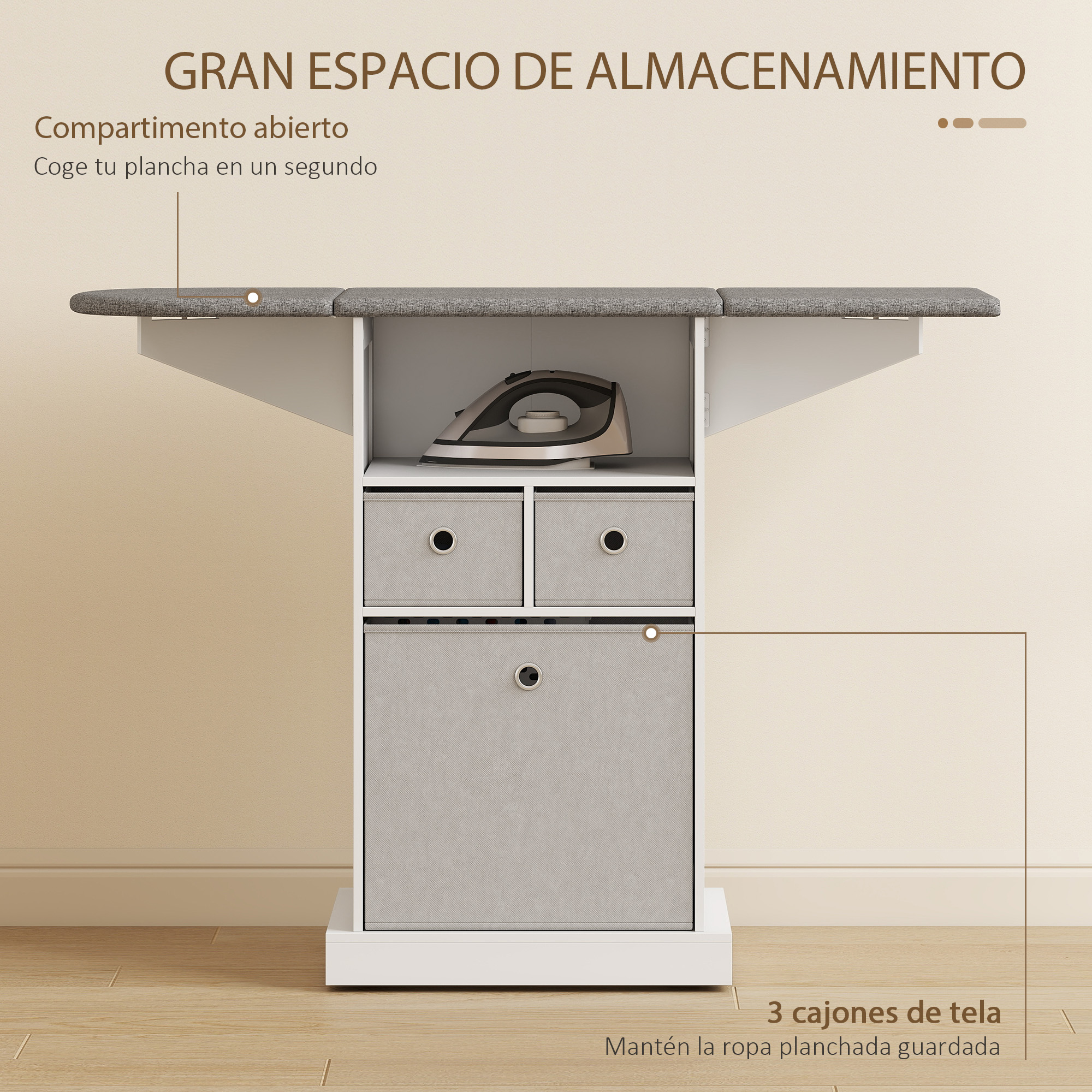 Mesa de planchar blanca con funda gris, compartimento abierto con plancha y tres cajones de tela gris en suelo de madera.