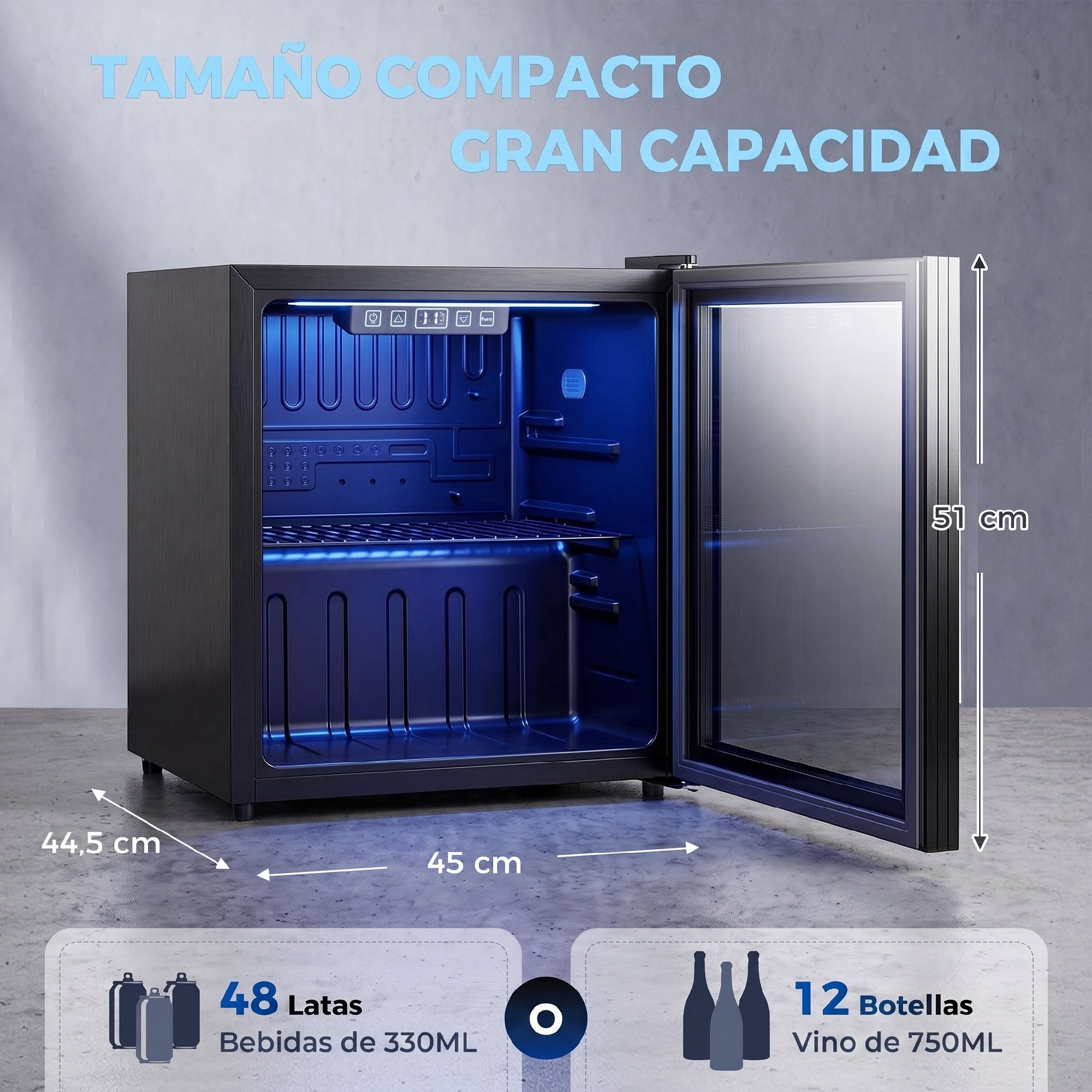 Mininevera negra compacta con iluminación interior azul, puerta de cristal y flechas de dimensiones que indican 45x44,5x51 cm.