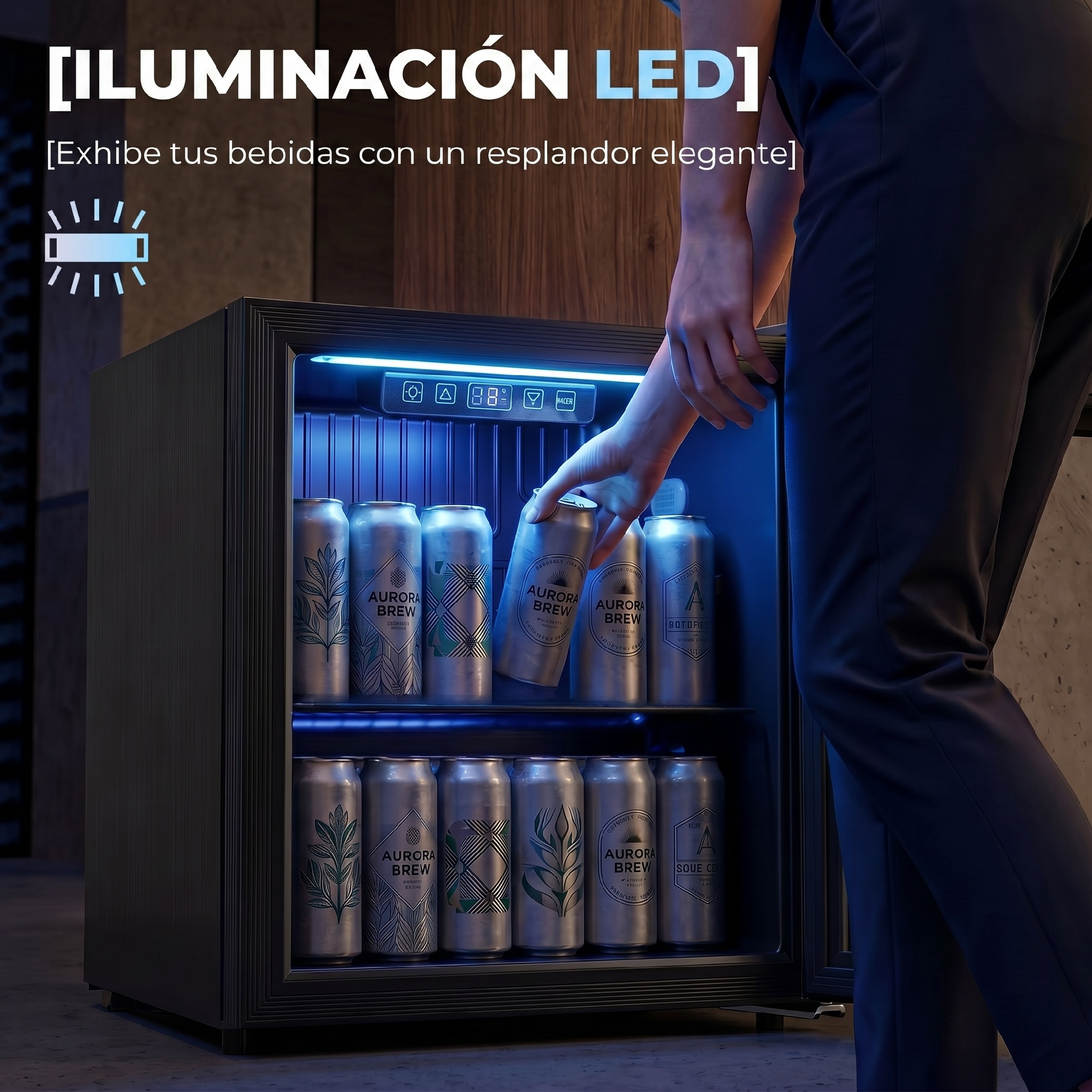 Una persona alcanza un mini refrigerador iluminado lleno de latas de bebidas.