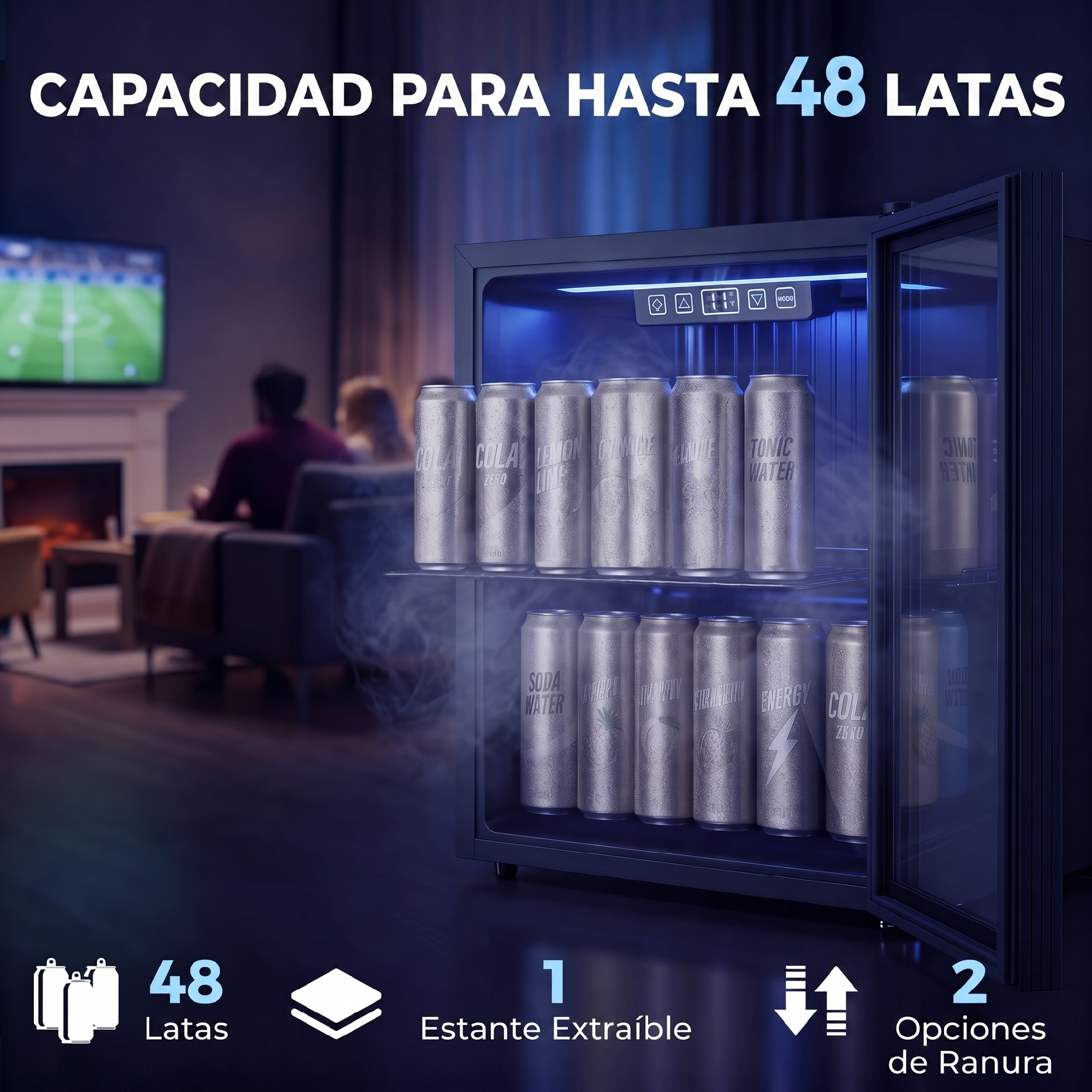 Un refrigerador de bebidas iluminado lleno de latas, con una sala de estar al fondo.