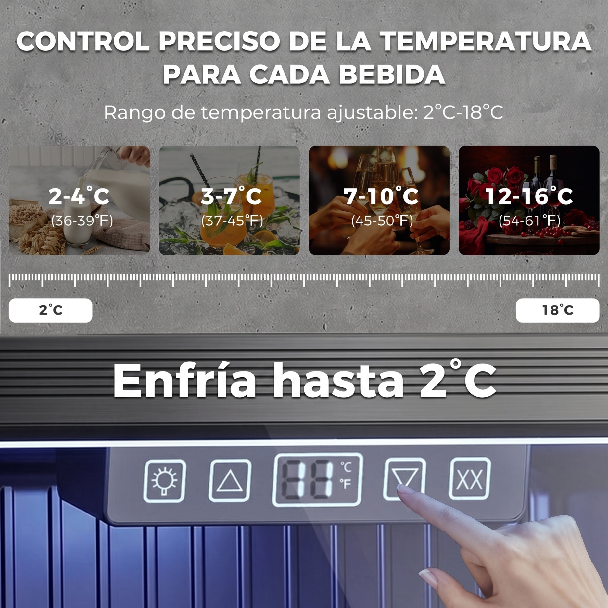 Frigorífico de bebidas con control de temperatura de 2°C a 18°C para varias bebidas.