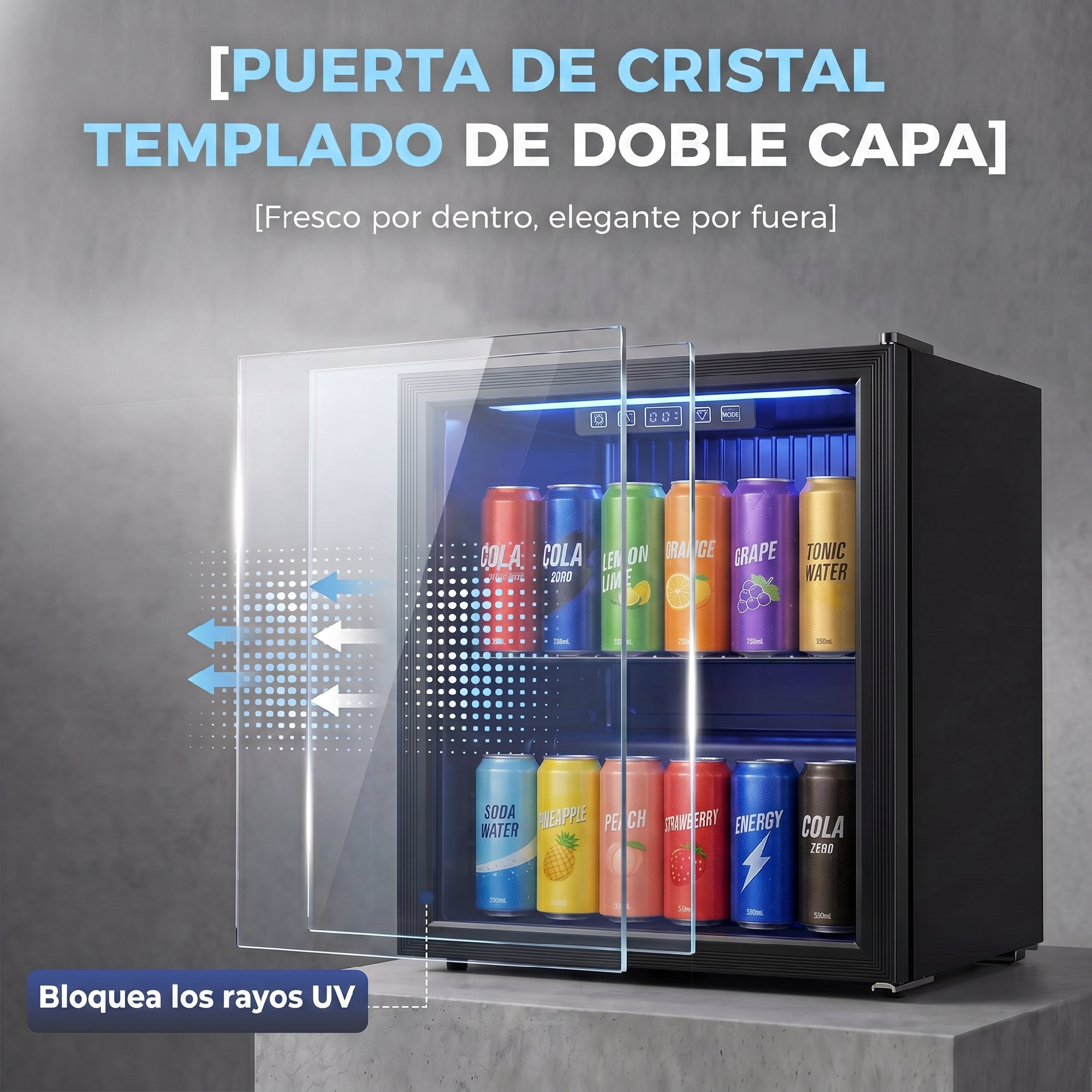 Mininevera negra con puerta de cristal de doble capa, luz interior azul y varias latas de bebidas de colores.