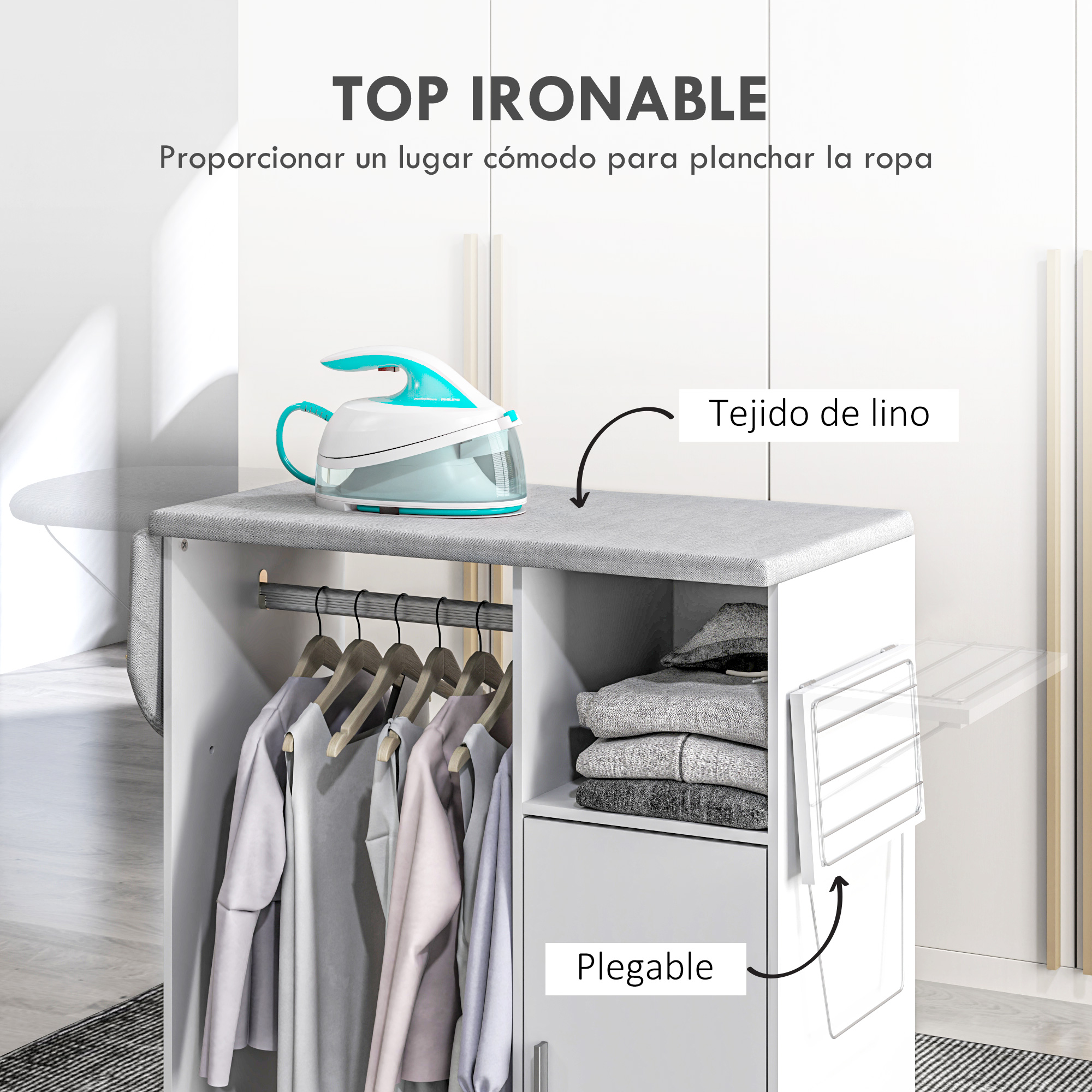 Un mueble de planchado blanco con funda de tela, barra, estantes y cesta plegable. Una plancha encima.