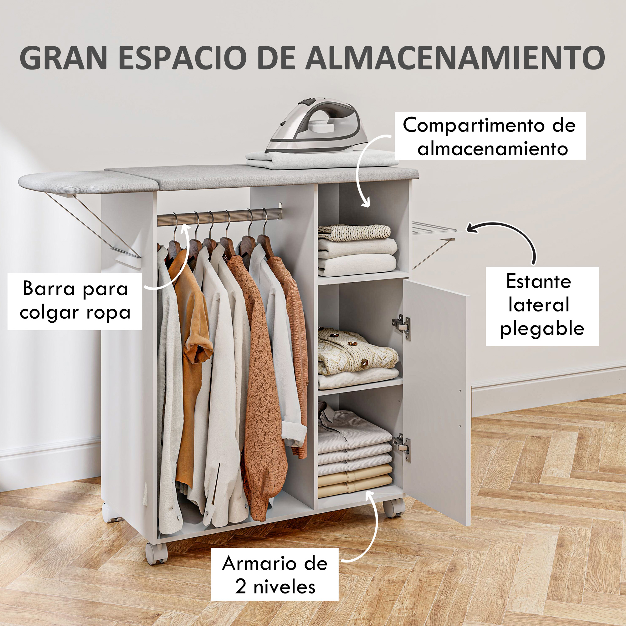 Armario blanco con tabla de planchar integrada, barra para ropa y estantes en suelo de madera.