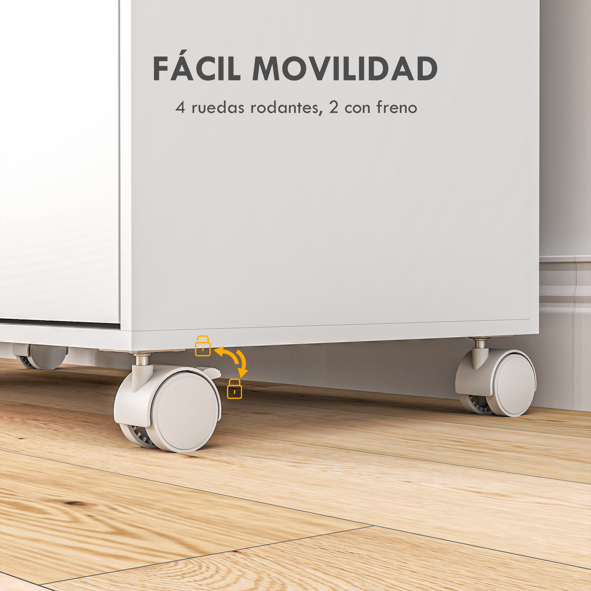 Armario blanco con cuatro ruedas en suelo de madera, con texto sobre fácil movilidad y frenos.