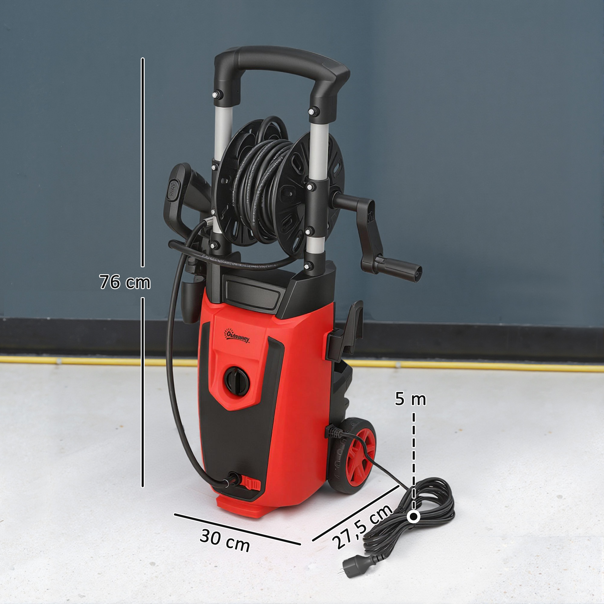 Una hidrolimpiadora roja y negra con ruedas, carrete de manguera e indicadores de dimensiones.