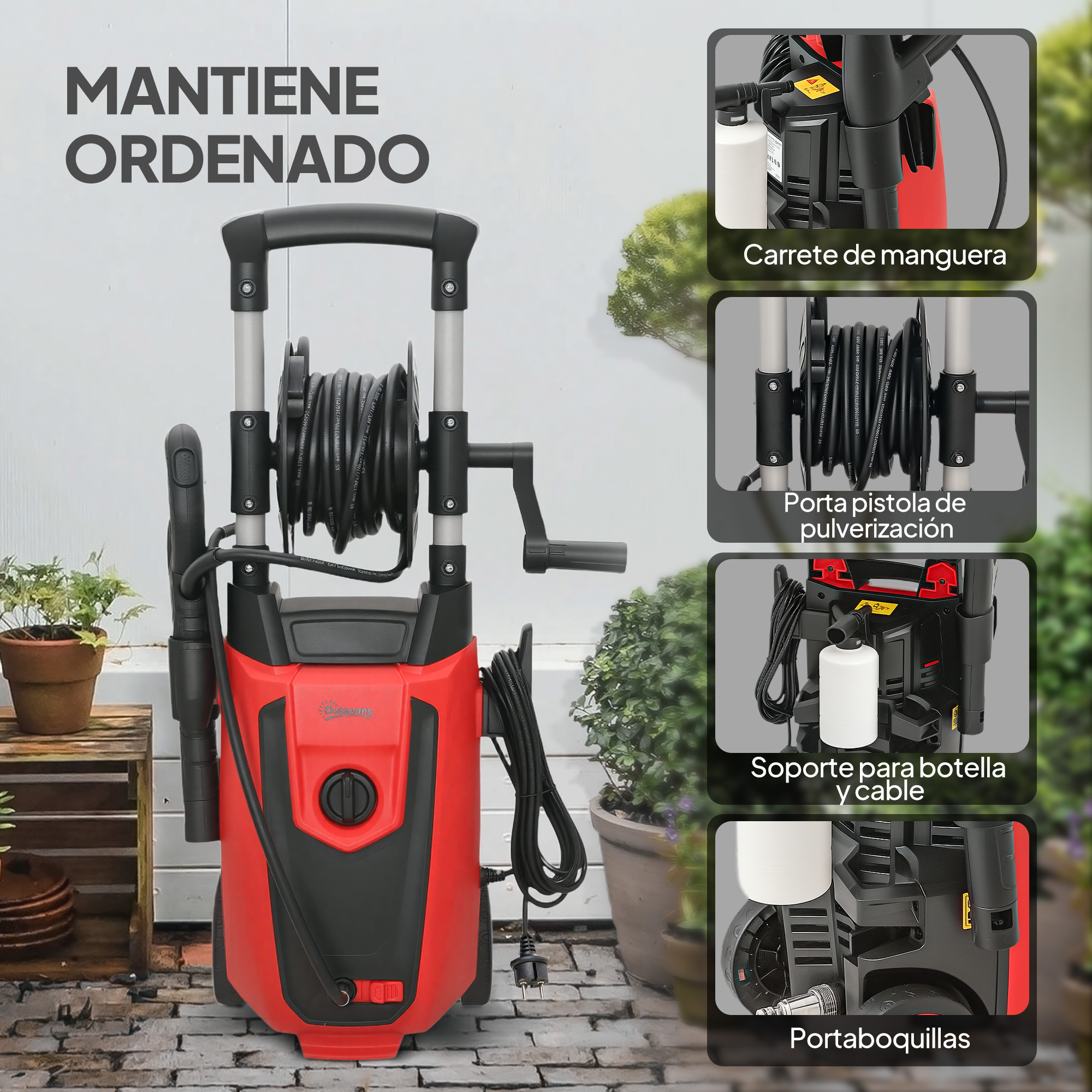 Hidrolimpiadora roja con carrete de manguera y soportes de accesorios en patio.