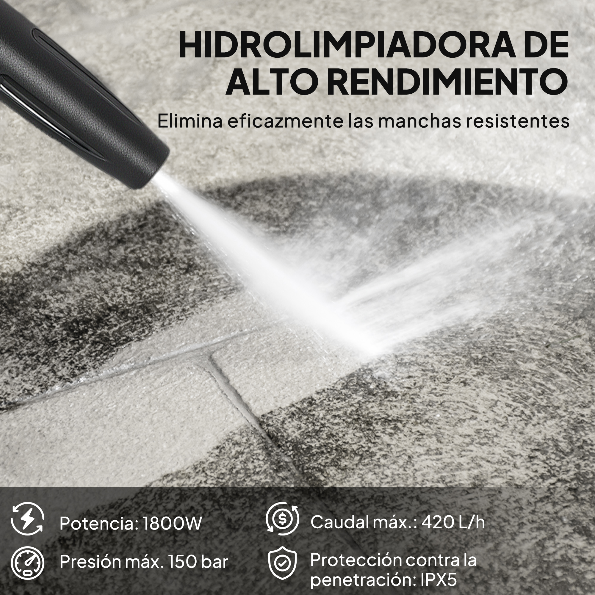 Hidrolimpiadora rociando agua en un suelo de piedra, con texto y especificaciones.