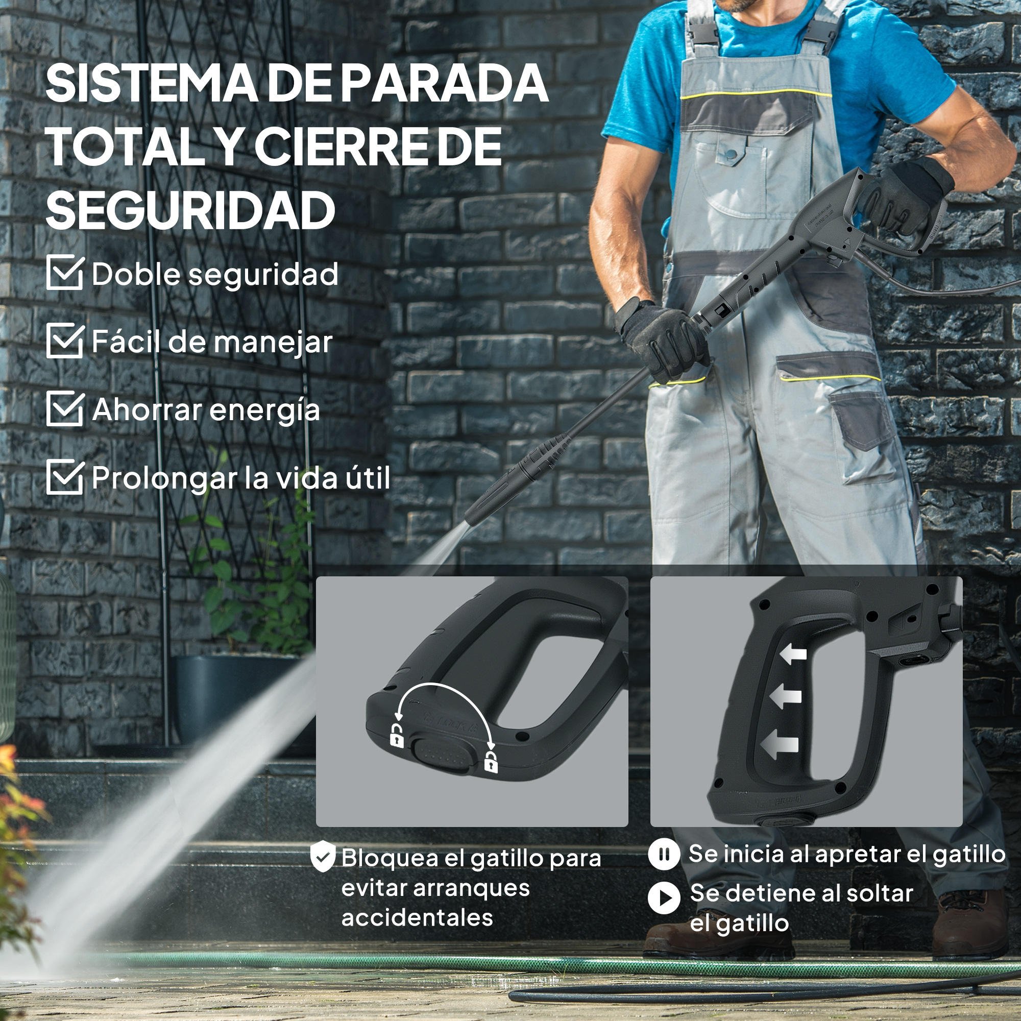 Un trabajador con equipo de seguridad usa una hidrolavadora frente a una pared de ladrillos oscuros.