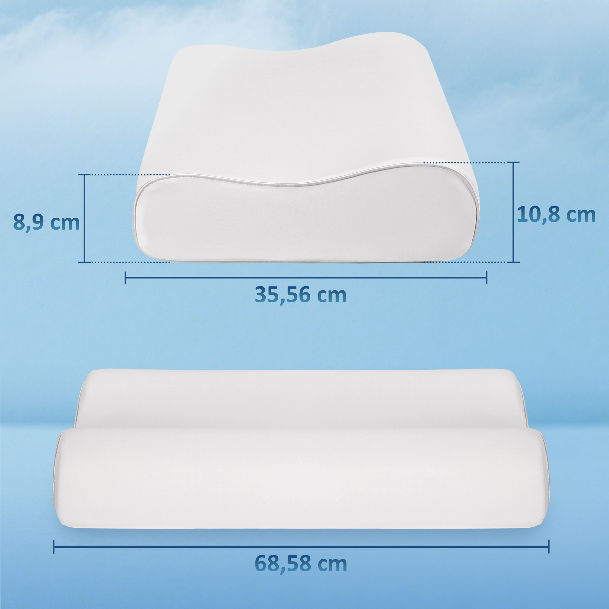 Almohada ergonómica blanca con medidas en azul sobre fondo azul.