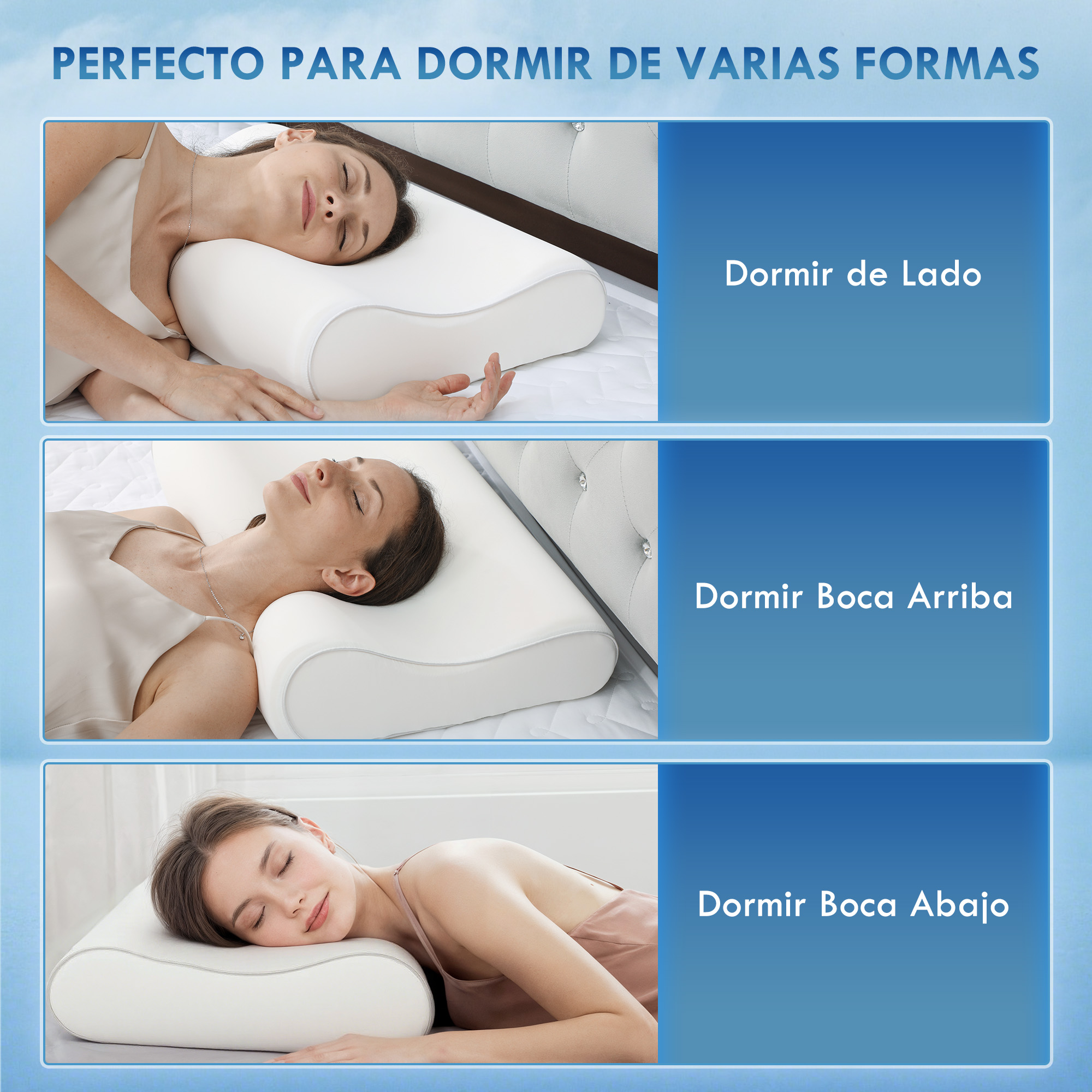 Una mujer demuestra tres posiciones diferentes para dormir en una almohada ergonómica.