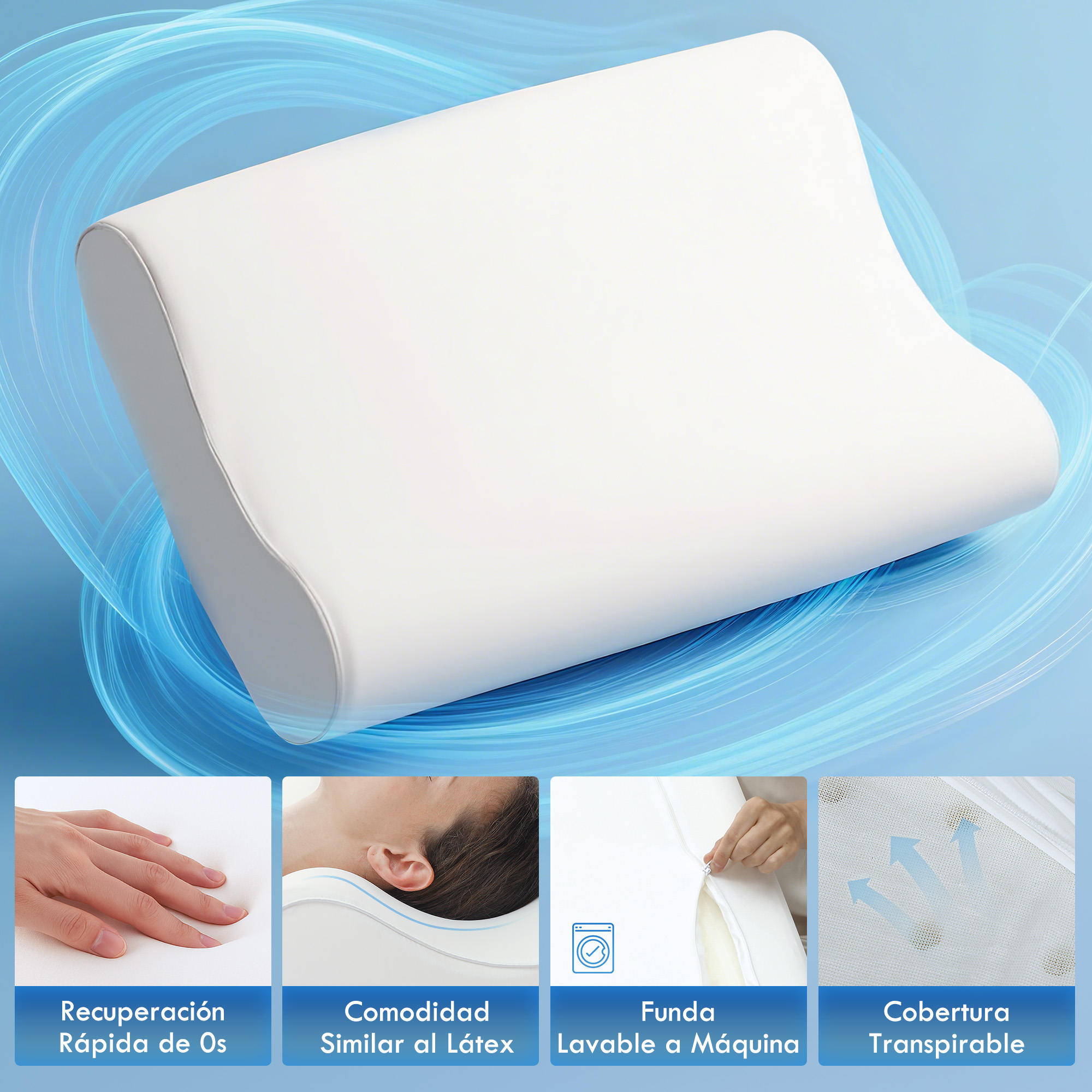 Una almohada ergonómica blanca sobre fondo azul con cuatro imágenes inferiores que muestran características.