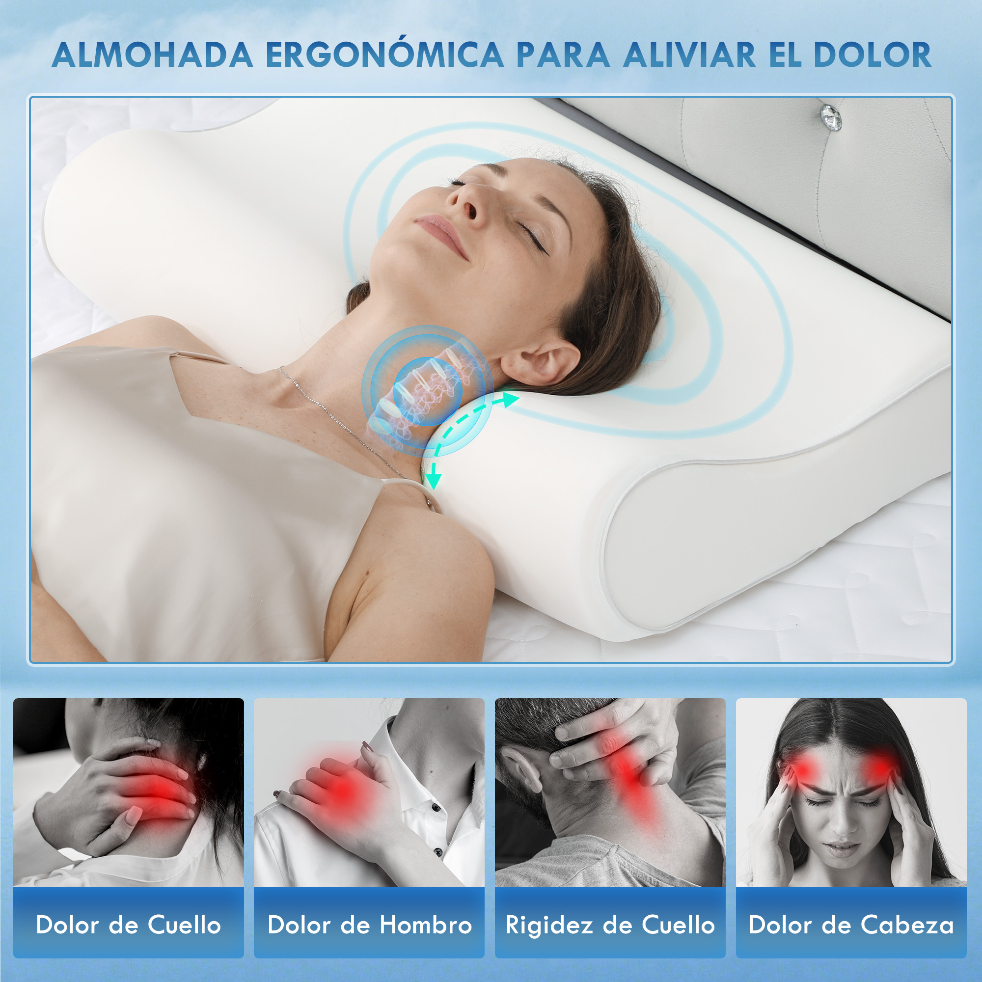 Mujer duerme en almohada ergonómica; abajo se muestran dolor de cuello, hombro, rigidez y cabeza con áreas rojas.