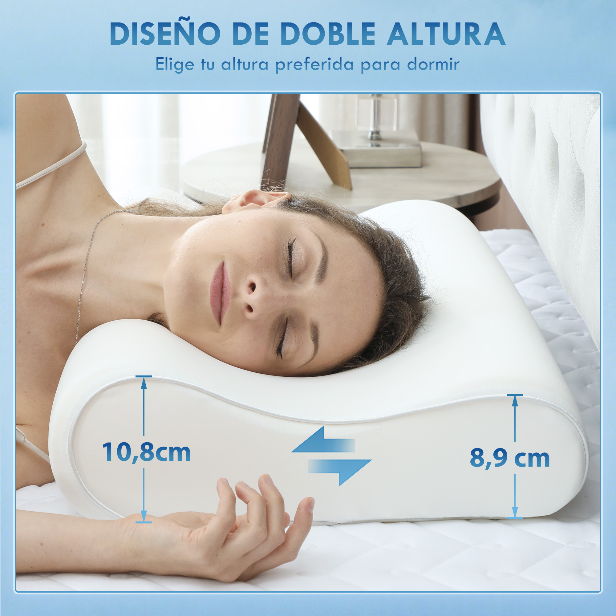 Una mujer duerme en una almohada cervical ergonómica blanca con alturas de 10,8 cm y 8,9 cm.