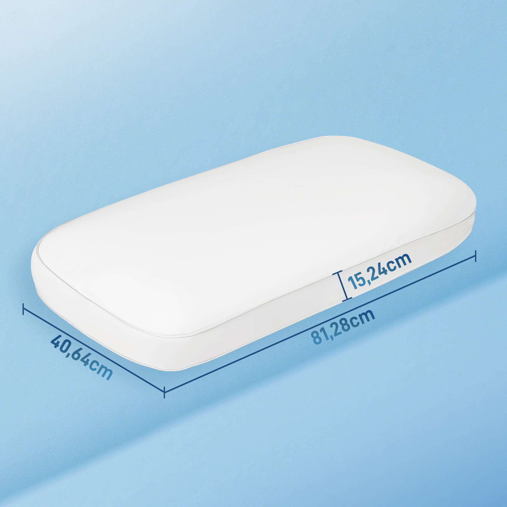 Una almohada blanca sobre fondo azul con líneas de dimensión.