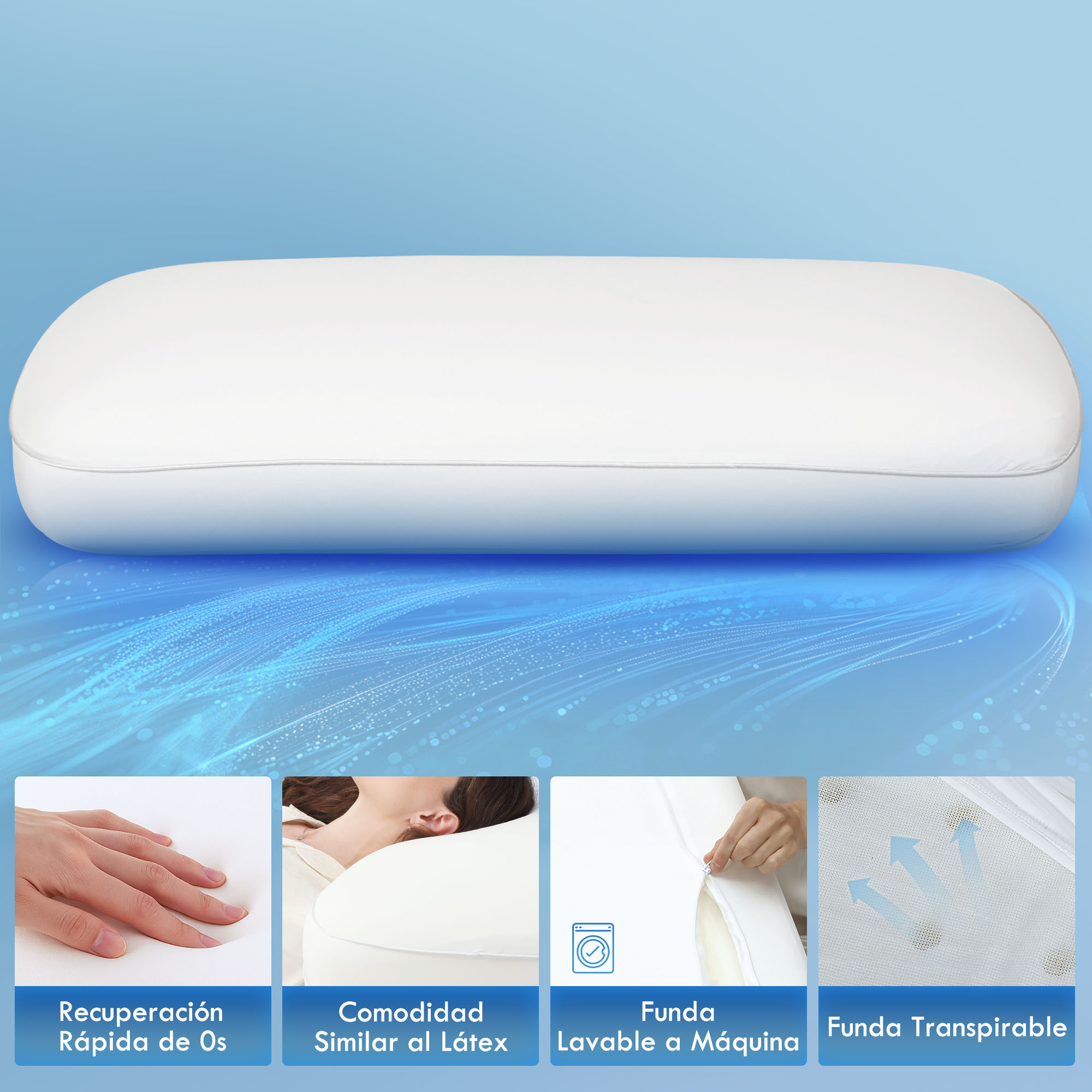Almohada blanca sobre fondo azul con detalles de suavidad, comodidad, funda lavable y transpirabilidad.