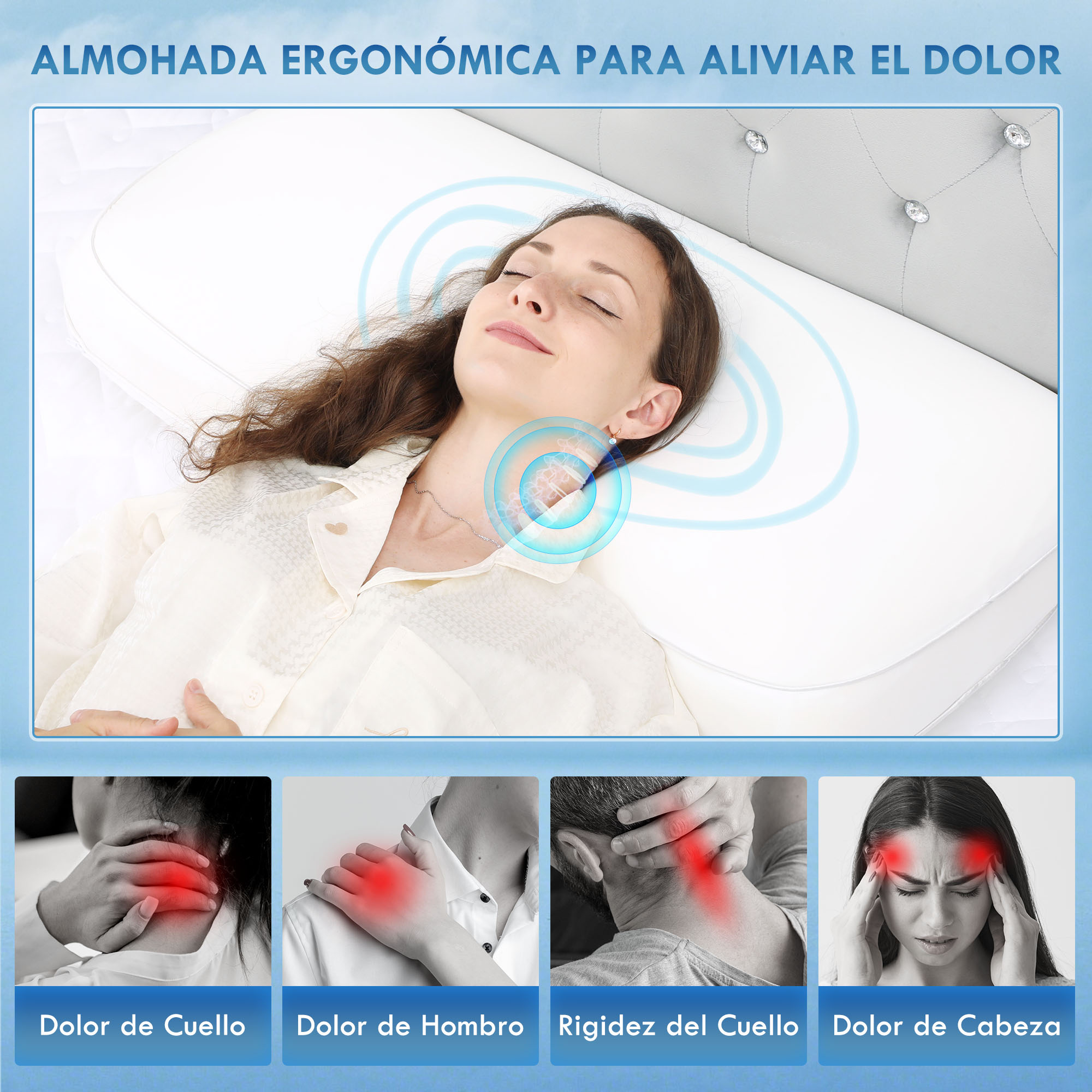 Mujer durmiendo en almohada ergonómica con iconos abajo de dolor de cuello, hombro, rigidez y cabeza.