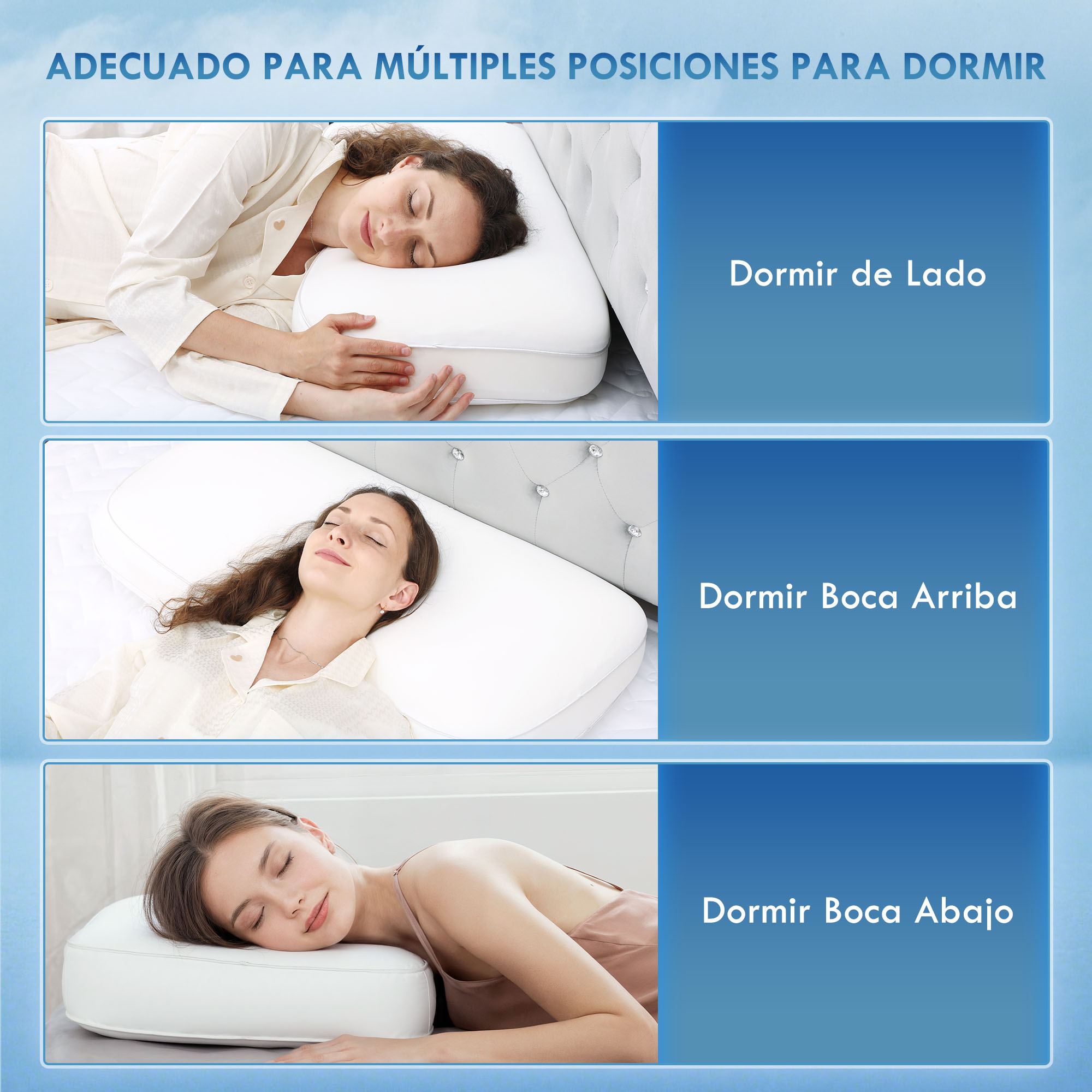 Tres paneles muestran a una mujer durmiendo sobre una almohada blanca de lado, boca arriba y boca abajo.