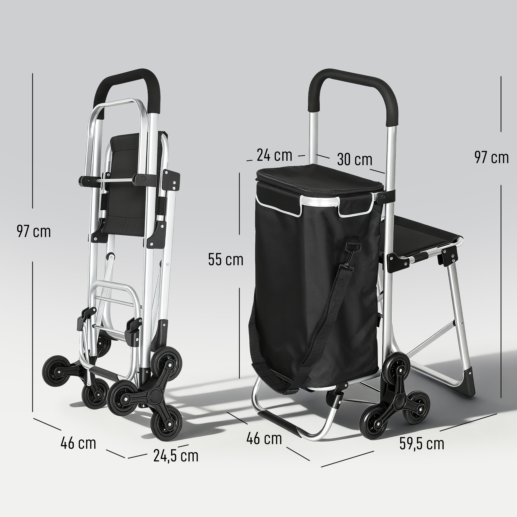 Carro de compras con asiento y dimensiones en vista plegada y desplegada.