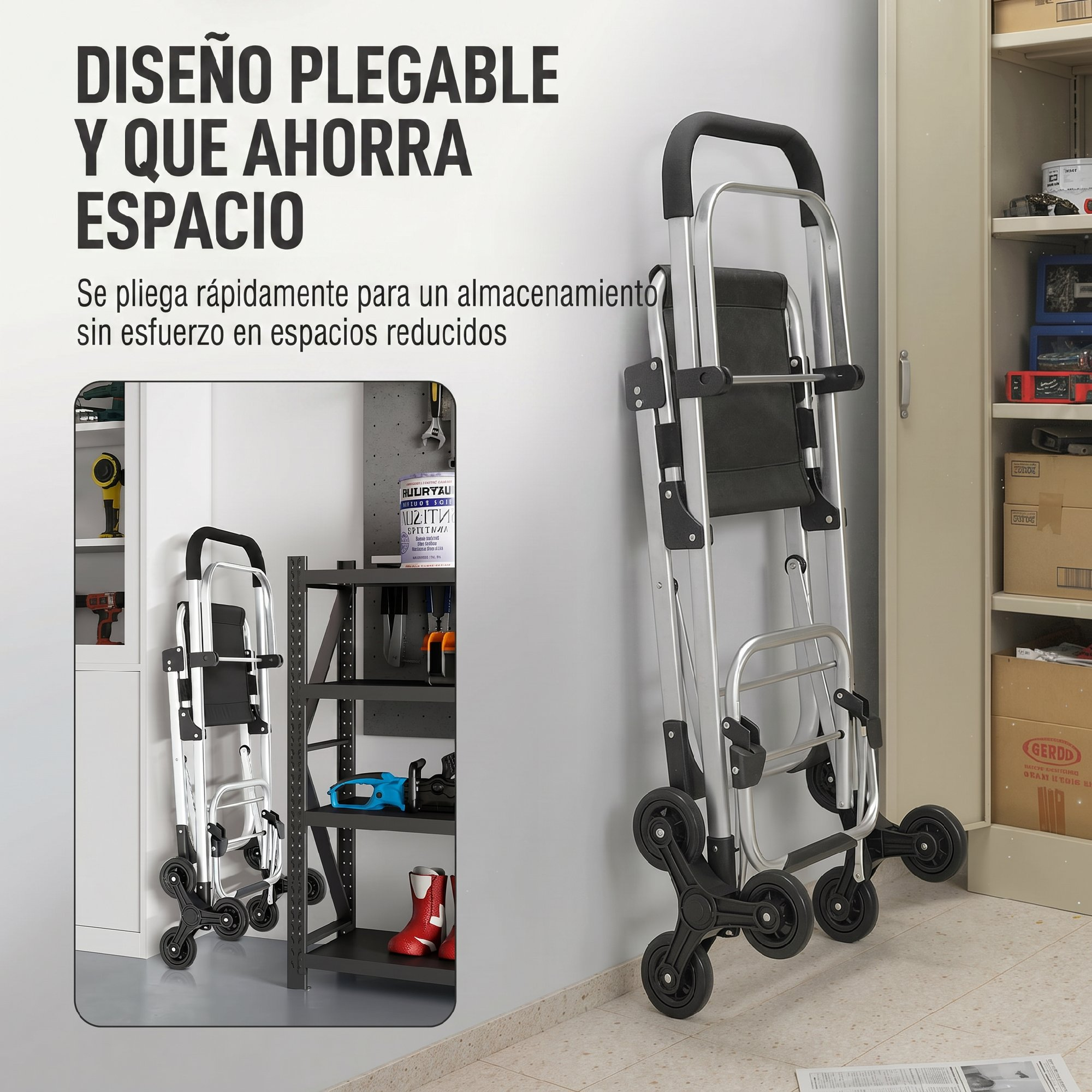 Una carretilla plegable con ruedas giratorias triples y tela negra en una habitación.