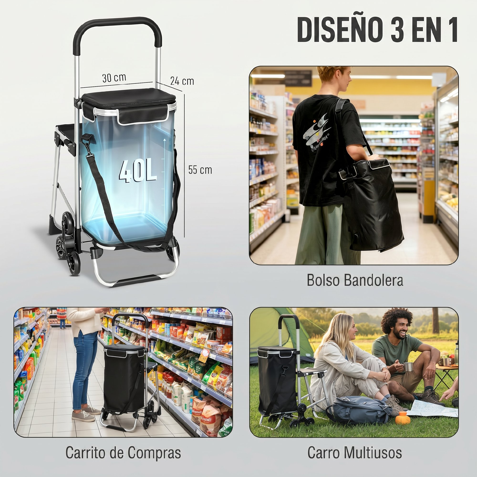 Carrito de compras 3 en 1 versátil con bolso bandolera, trolley con ruedas y asiento incorporado.