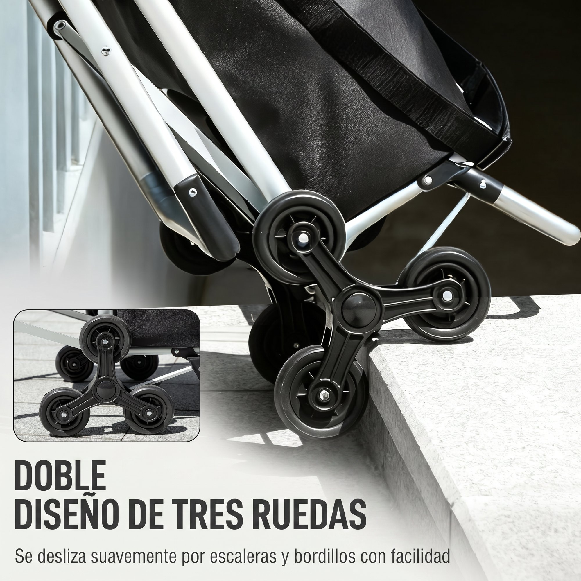 Un carrito de compras con mecanismo de seis ruedas para subir escaleras fácilmente.