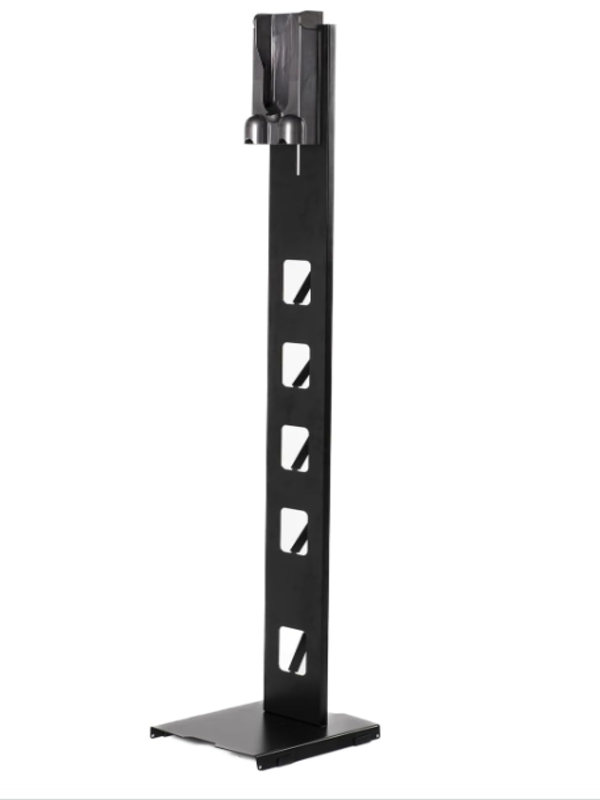 Dikdörtgen tabanlı ve üst tutuculu siyah metal stand.