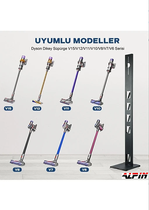 Uyumlu Dyson V15-V6 süpürge modelleri ve siyah stant.
