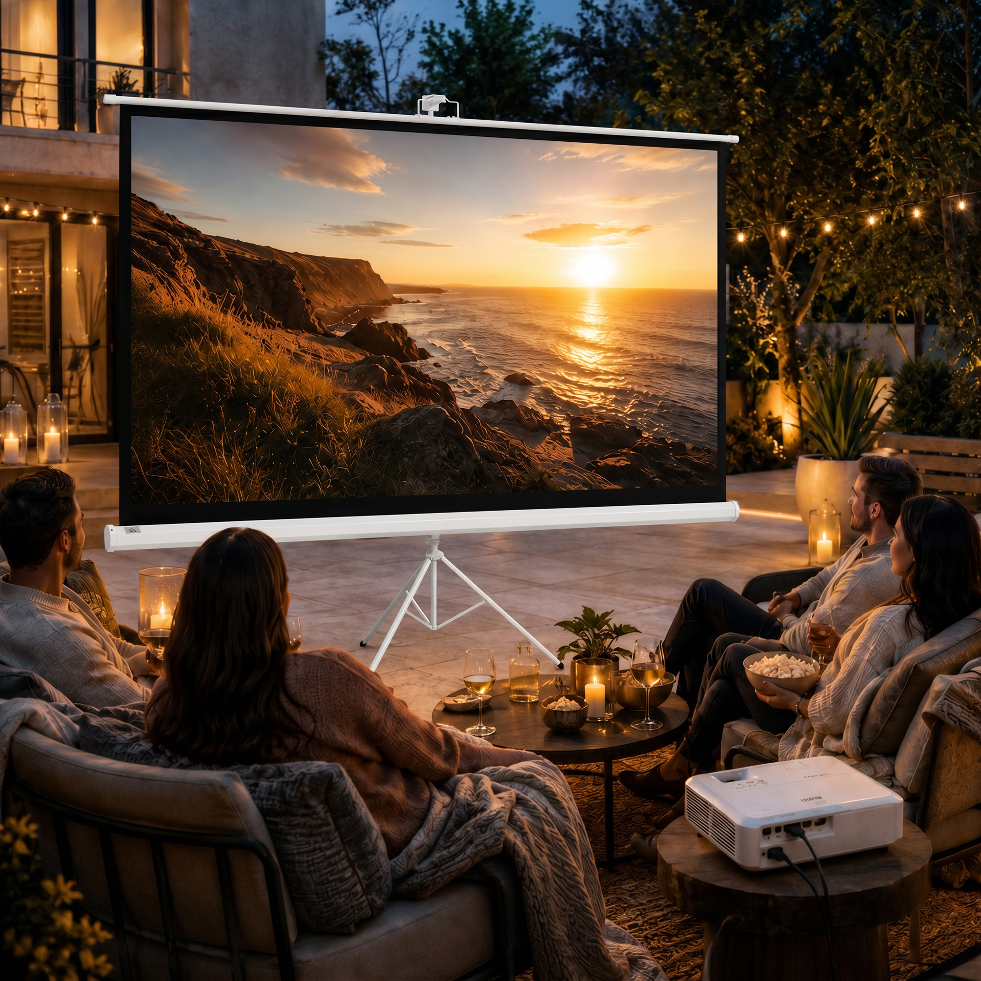 Cuatro personas ven la proyección de un atardecer en una pantalla exterior al atardecer.