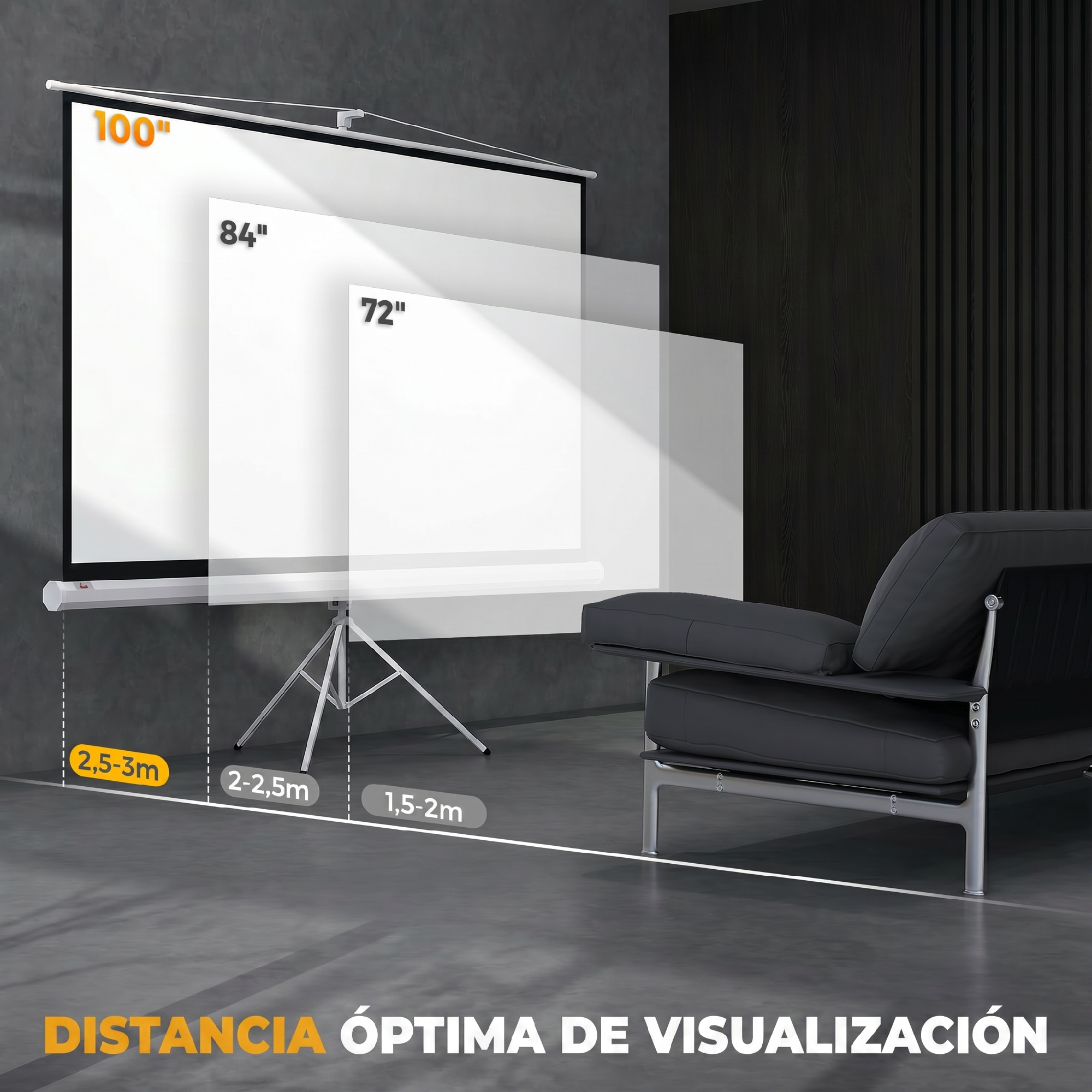 Pantalla de proyección con varios tamaños y distancias de visualización óptimas.