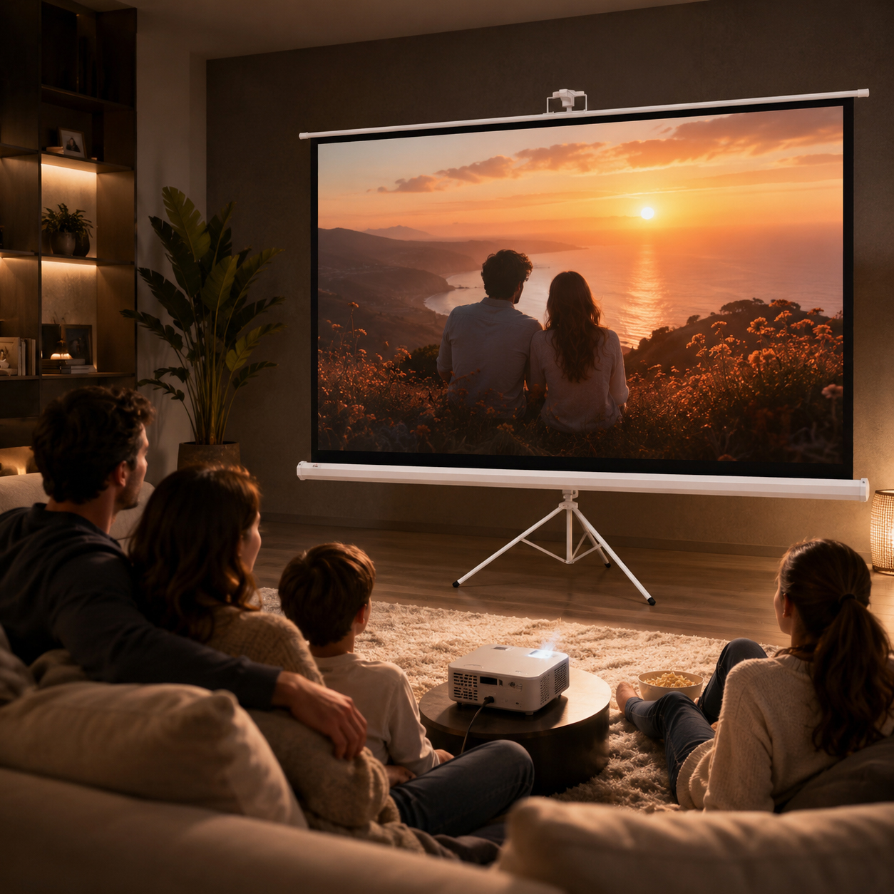 Una familia se sienta en una sala de estar tenuemente iluminada, viendo una película en una gran pantalla.
