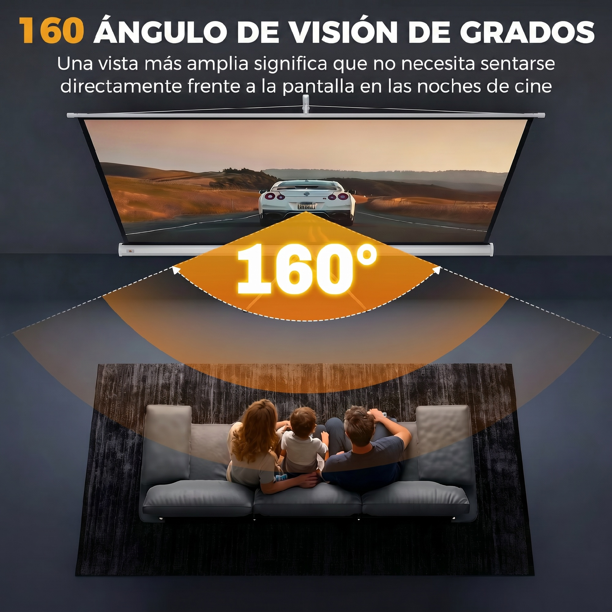Una familia se sienta en un sofá ante una gran pantalla de proyección que muestra un ángulo de visión de 160 grados.