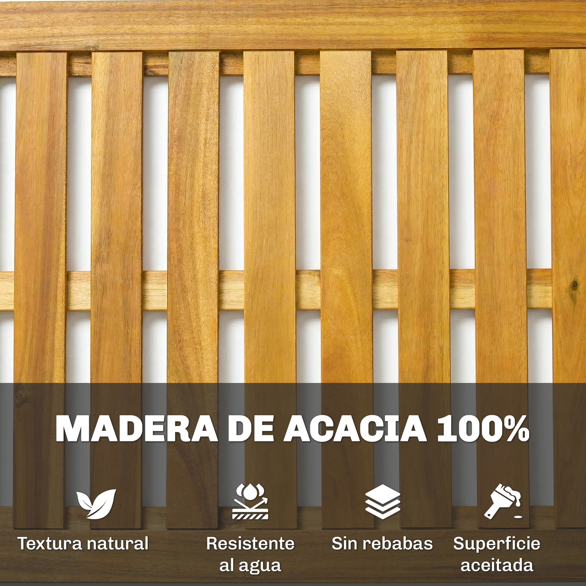 Celosía de madera de acacia con texto y cuatro iconos de textura natural, resistente al agua, sin rebabas y superficie aceitada.