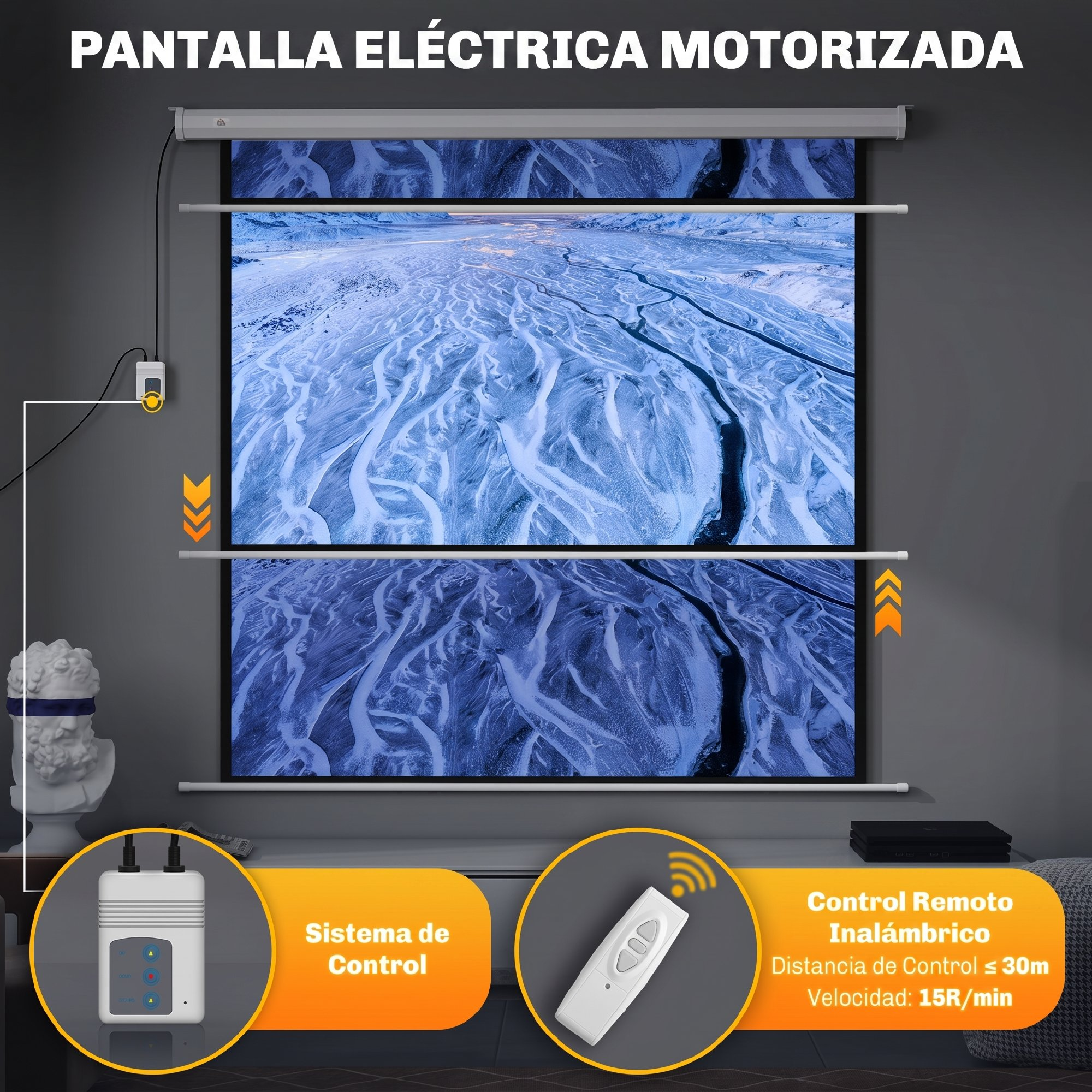 Pantalla de proyección eléctrica motorizada con sistema de control y mando a distancia.
