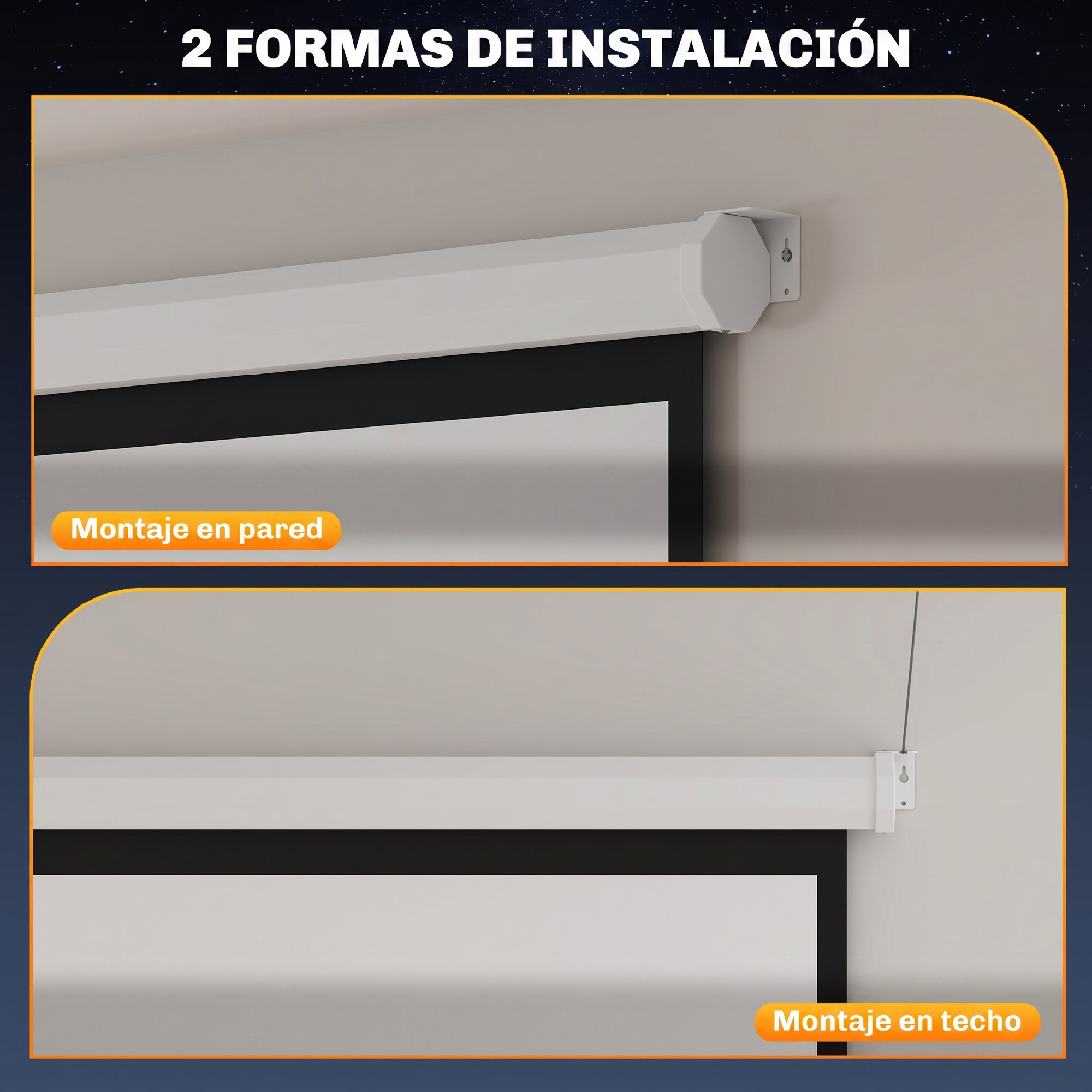 Dos métodos de instalación para pantallas de proyector: montaje en pared arriba y en techo abajo.