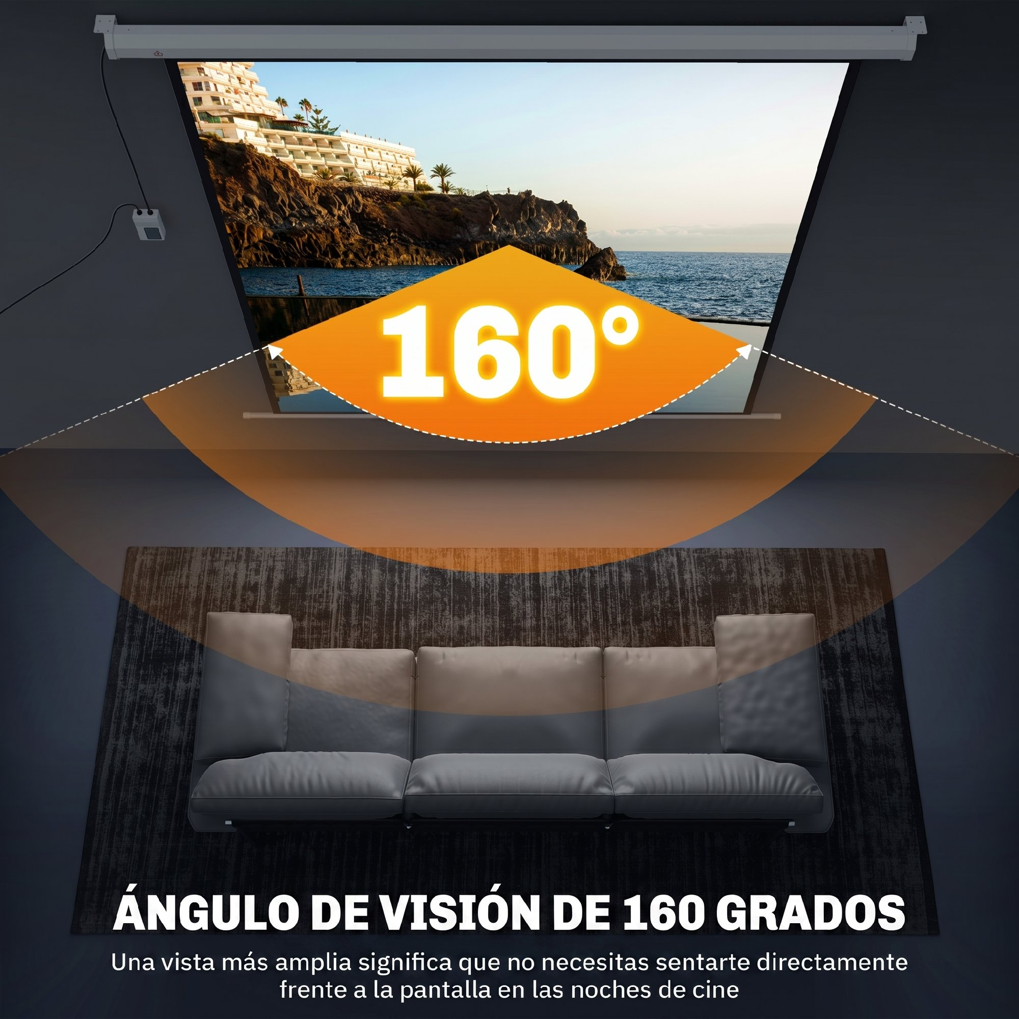 Un sofá frente a una pantalla con un ángulo de visión de 160 grados y un paisaje costero.