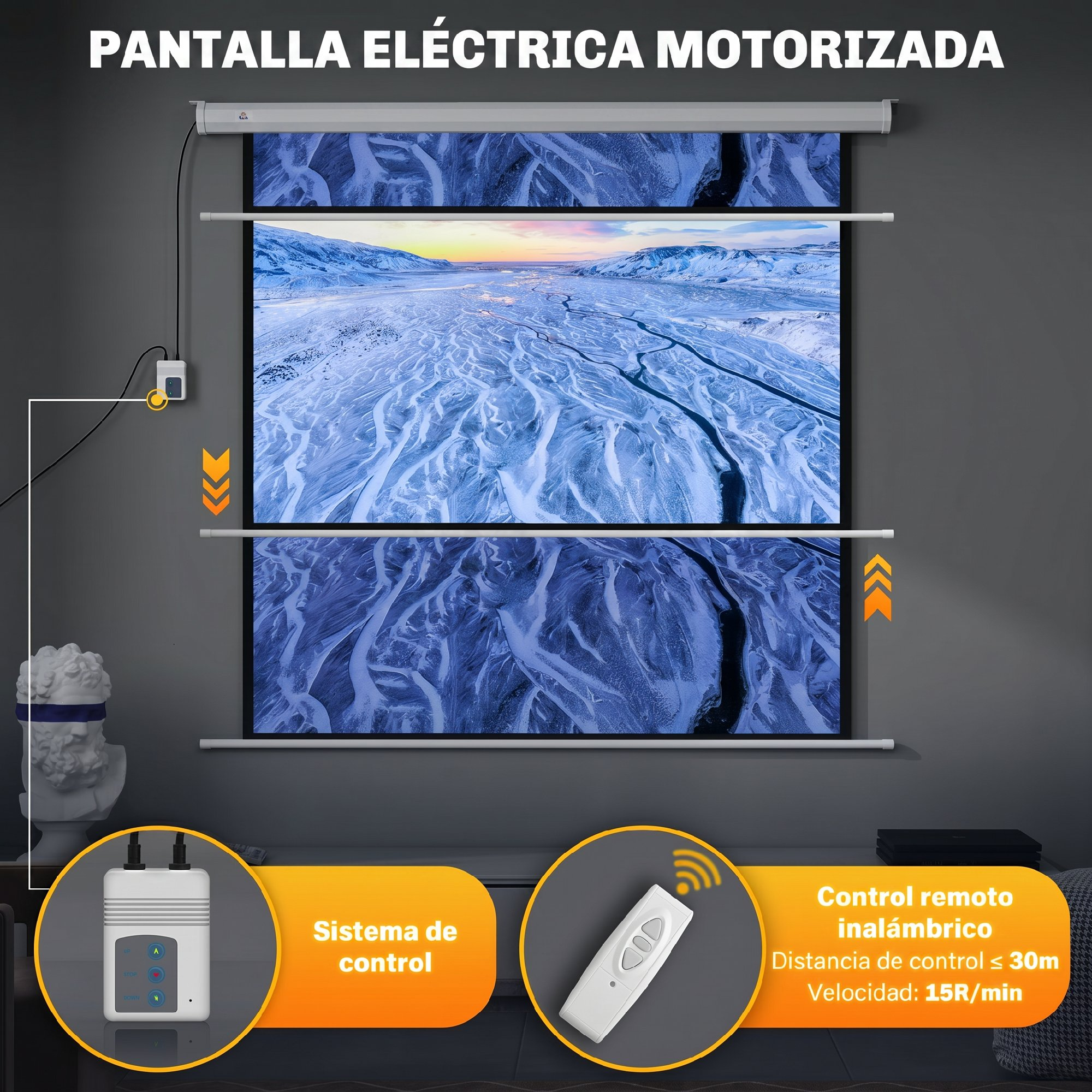 Pantalla de proyección motorizada con paisaje nevado, sistema de control y control remoto inalámbrico.