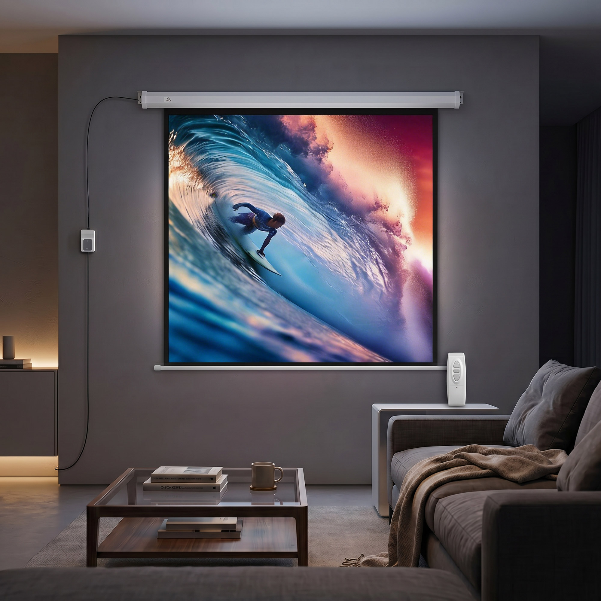 Una sala de estar con una pantalla de proyector en la pared que muestra a un surfista en una ola, un sofá gris y una mesa de centro.