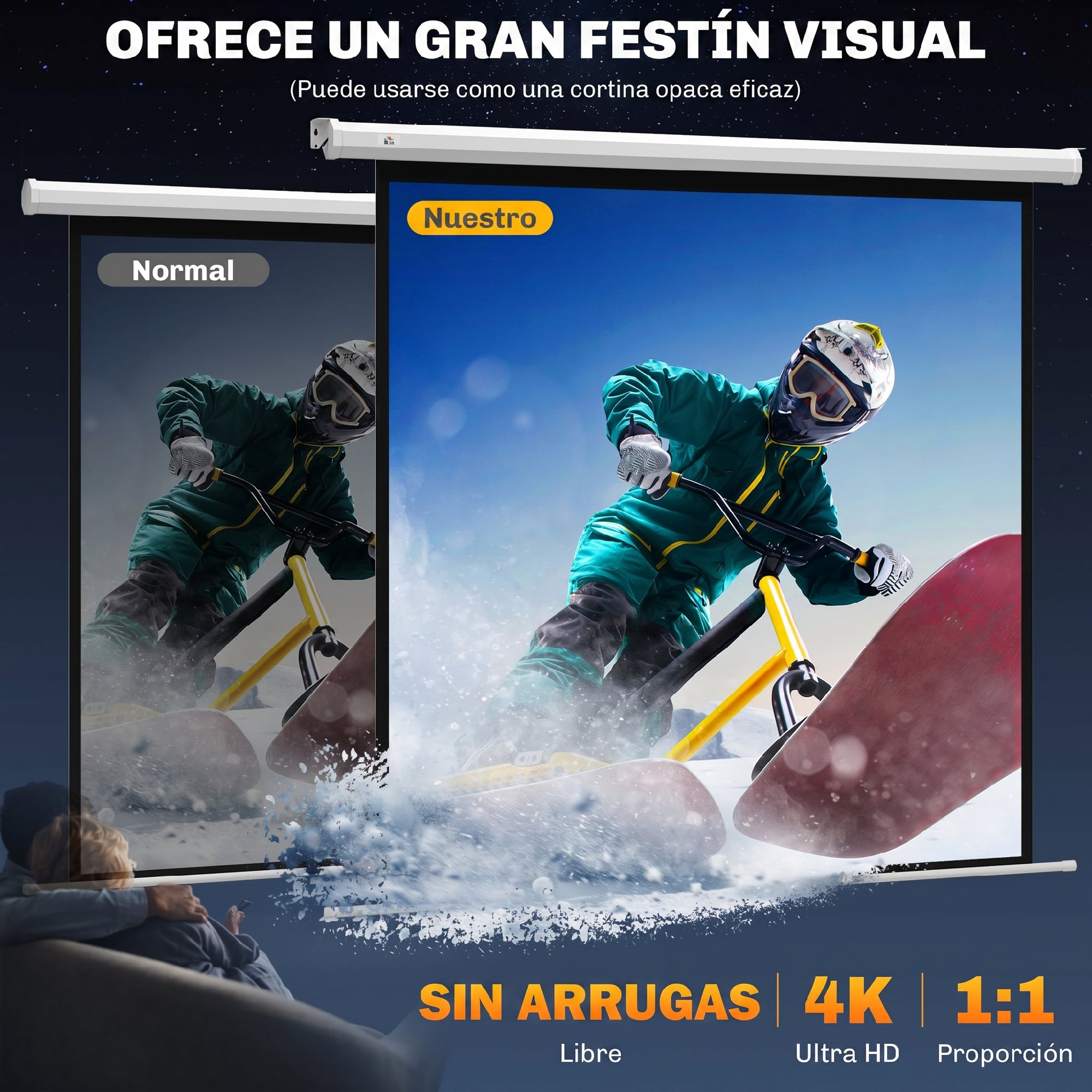 Comparación de dos pantallas de proyector muestra una imagen opaca a la izquierda y una brillante de un snowboarder a la derecha.