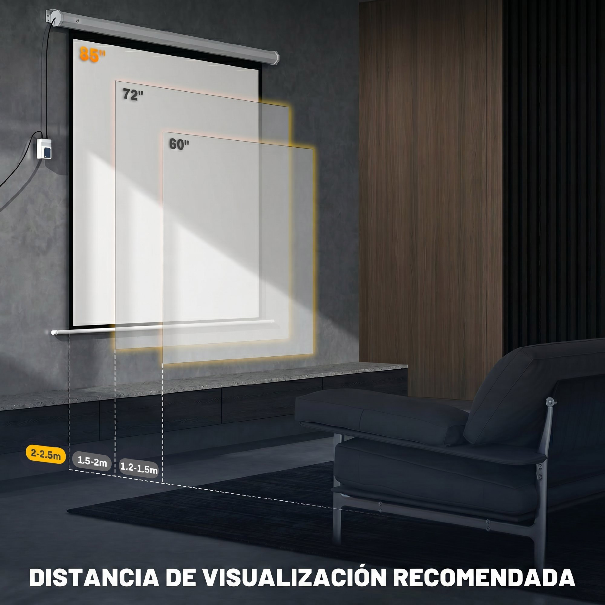 Una pantalla de proyección que muestra tamaños de 85, 72 y 60 pulgadas con distancias recomendadas.