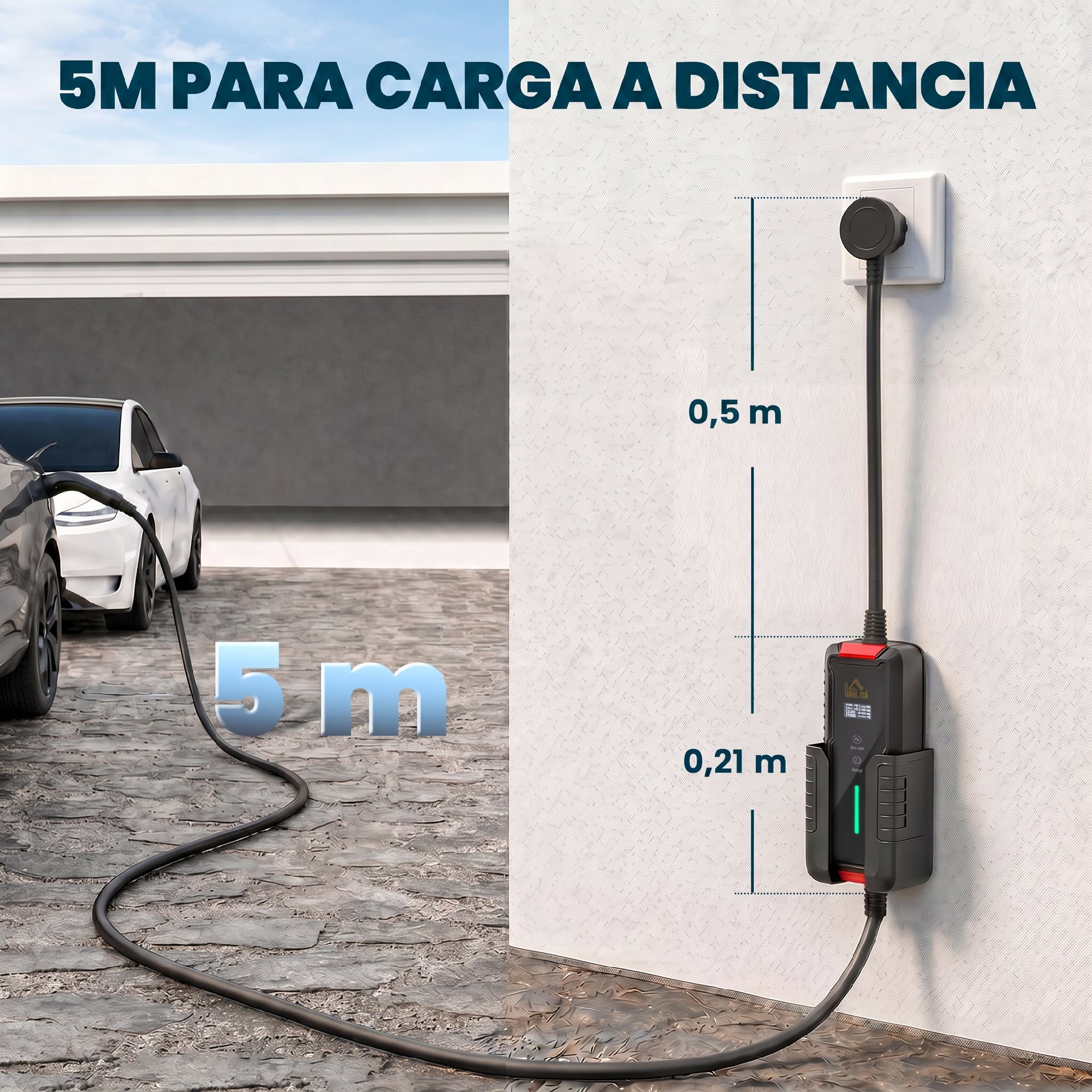 Un cargador para vehículos eléctricos con cable de 5m montado en la pared carga un coche blanco.