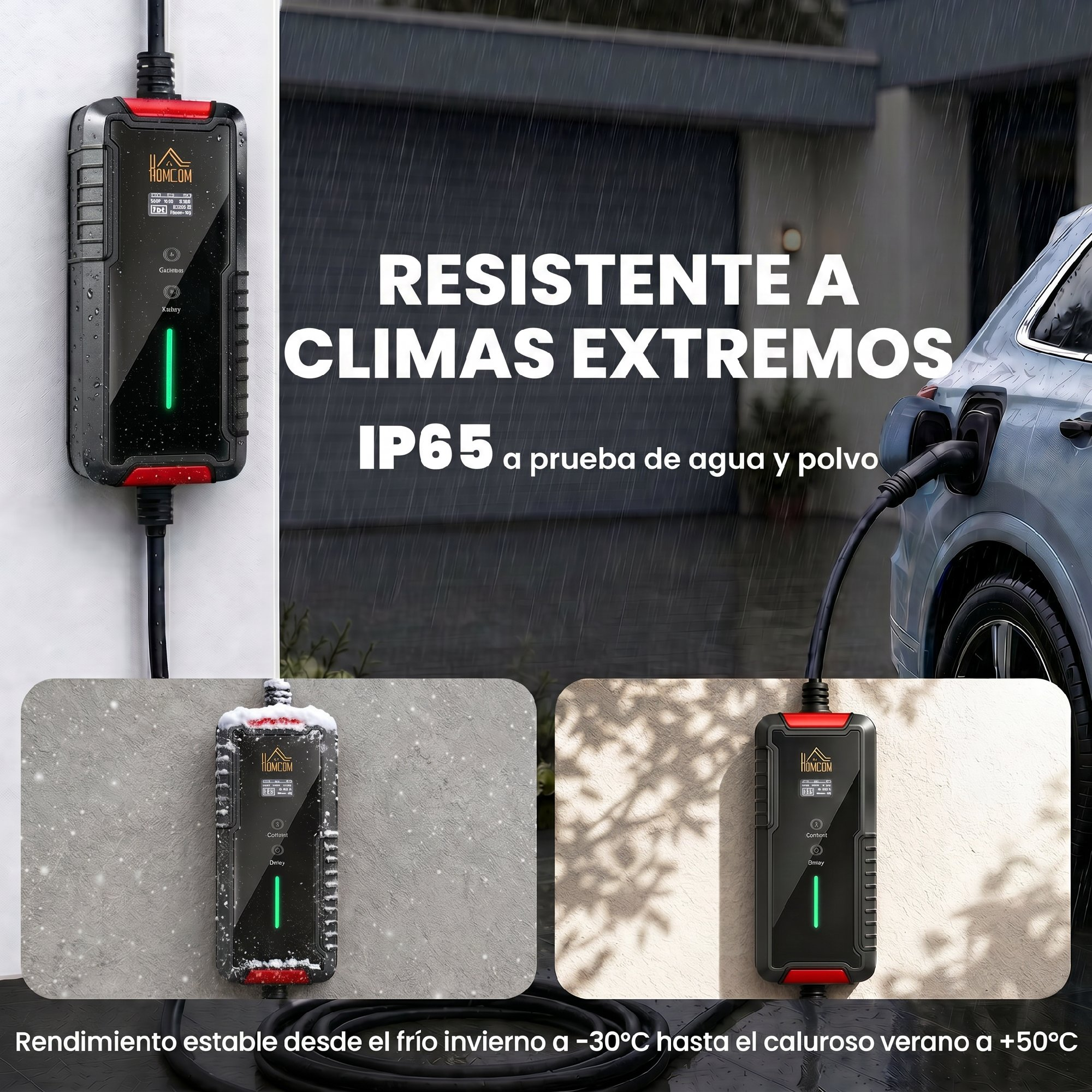 Cargador de VE resistente a la intemperie montado al aire libre, en lluvia, nieve y sol.