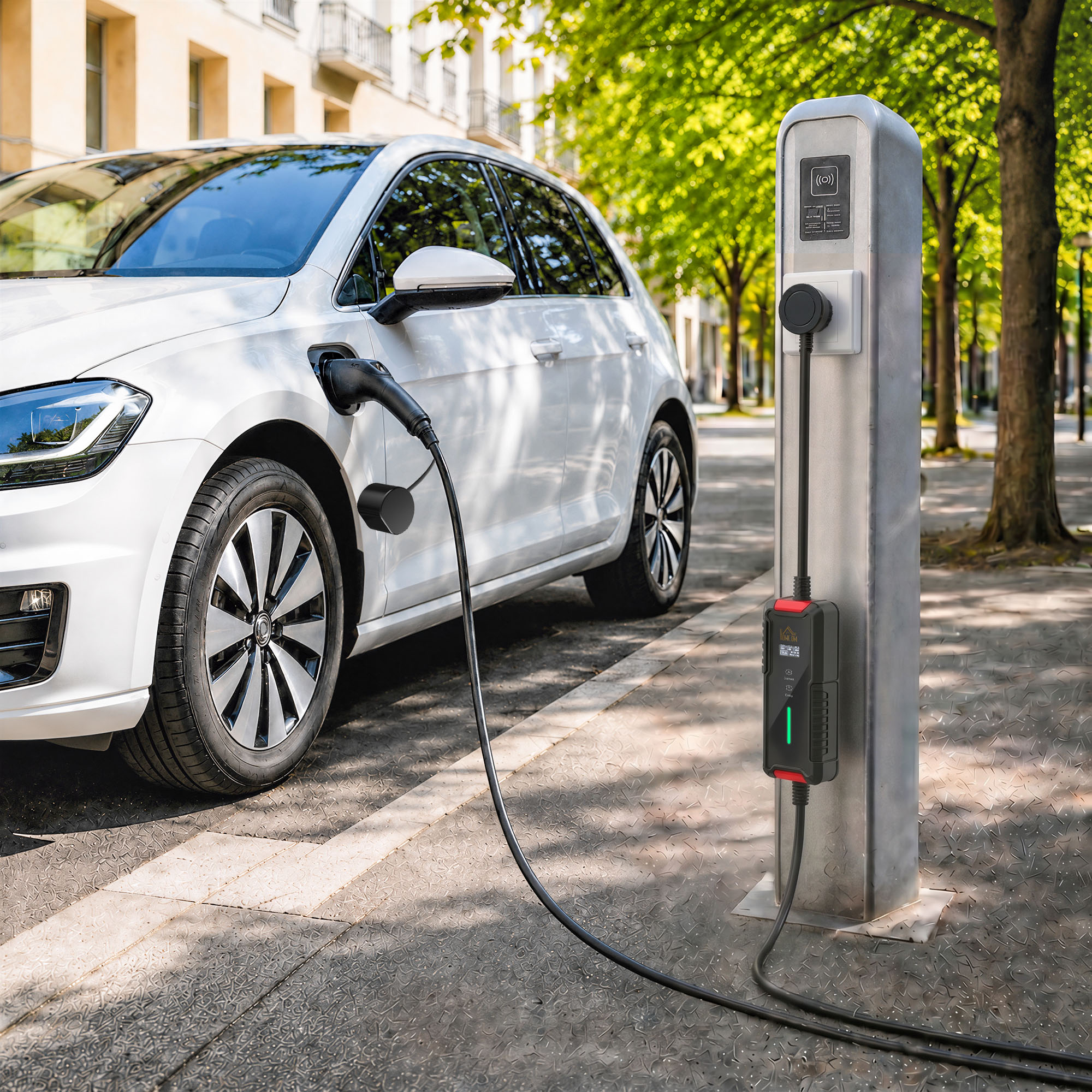 Un coche eléctrico blanco está aparcado en una calle y enchufado a un punto de carga en la acera.