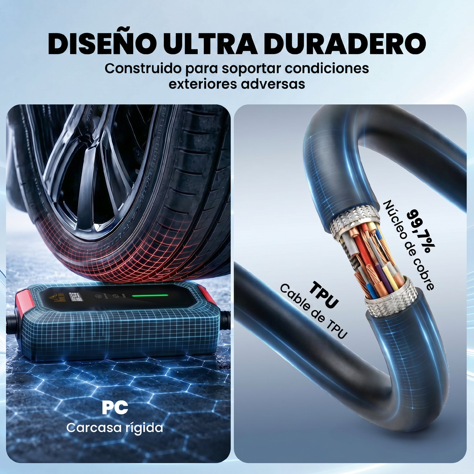 Auto pasa sobre dispositivo robusto, a la derecha cable TPU con núcleo.