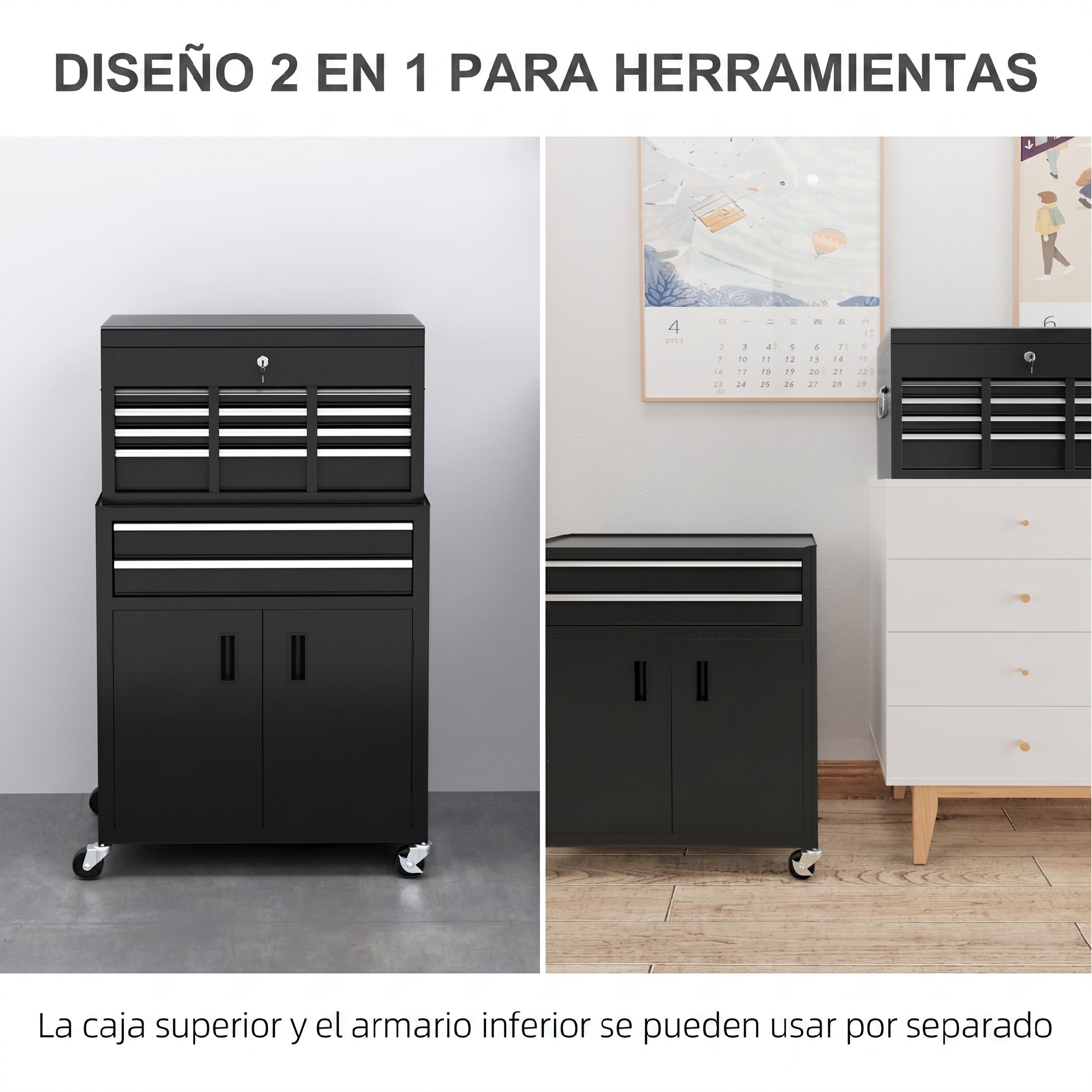 Un armario para herramientas negro 2 en 1 que muestra la unidad apilada y las partes separadas en una habitación.