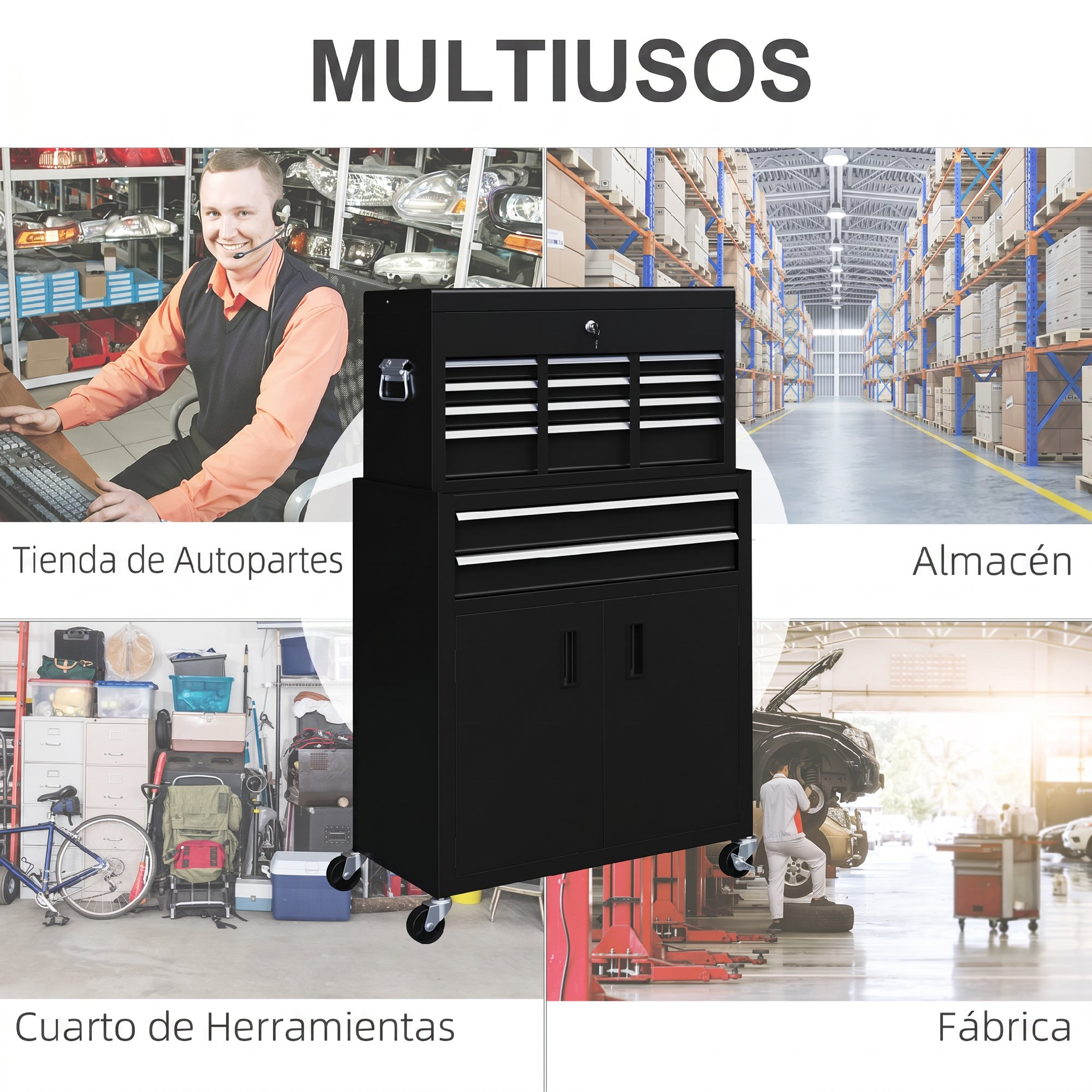 Gabinete de herramientas negro con cajones y ruedas sobre un fondo de tienda de autopartes, almacén y taller.