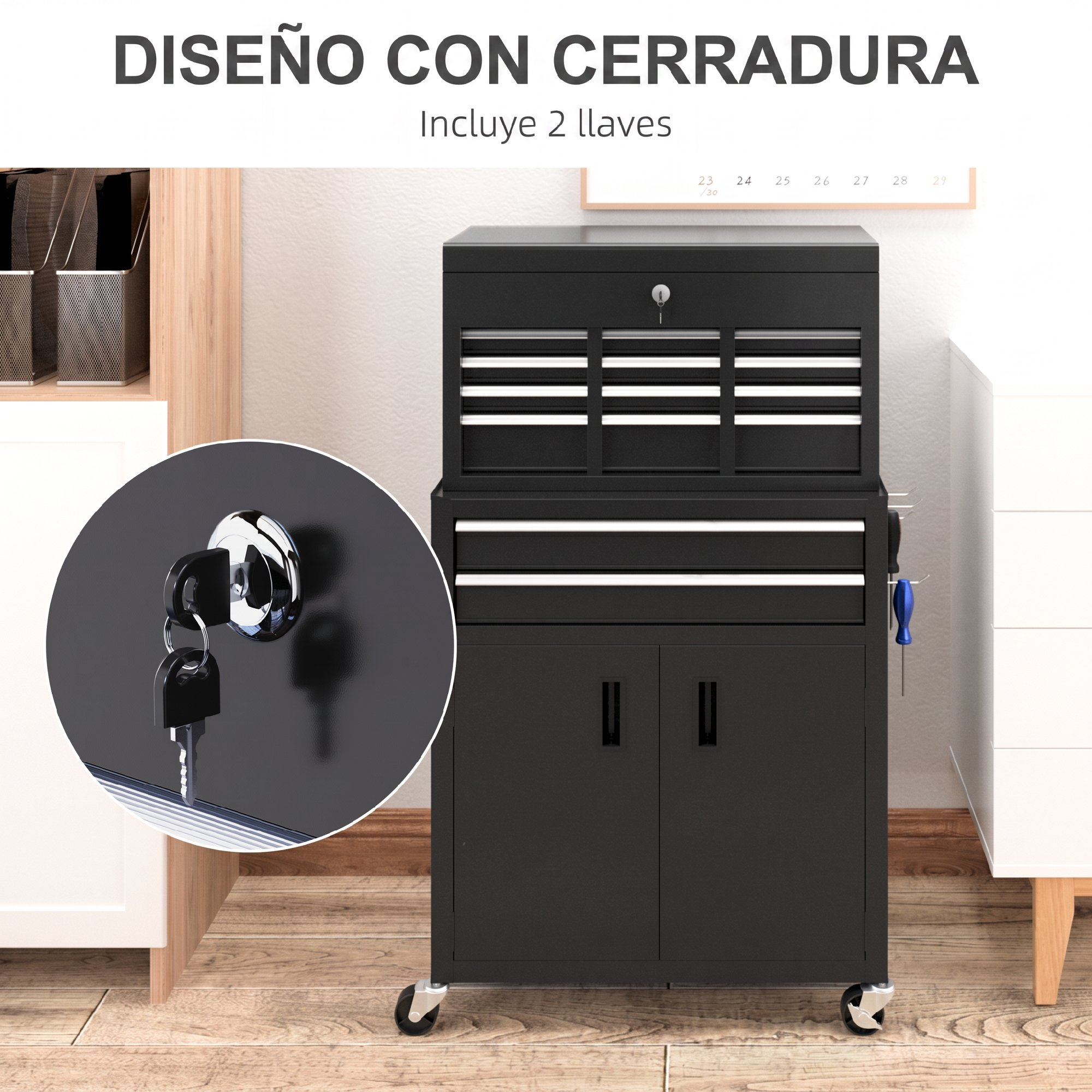 Caja de herramientas negra con cajones, puertas de armario y cerradura con llaves en un círculo.