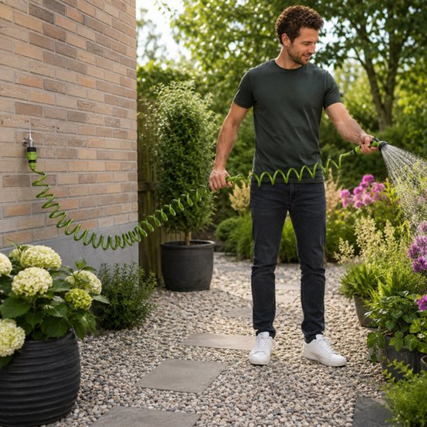 A man waters flowers in the garden using a green coiled hose.