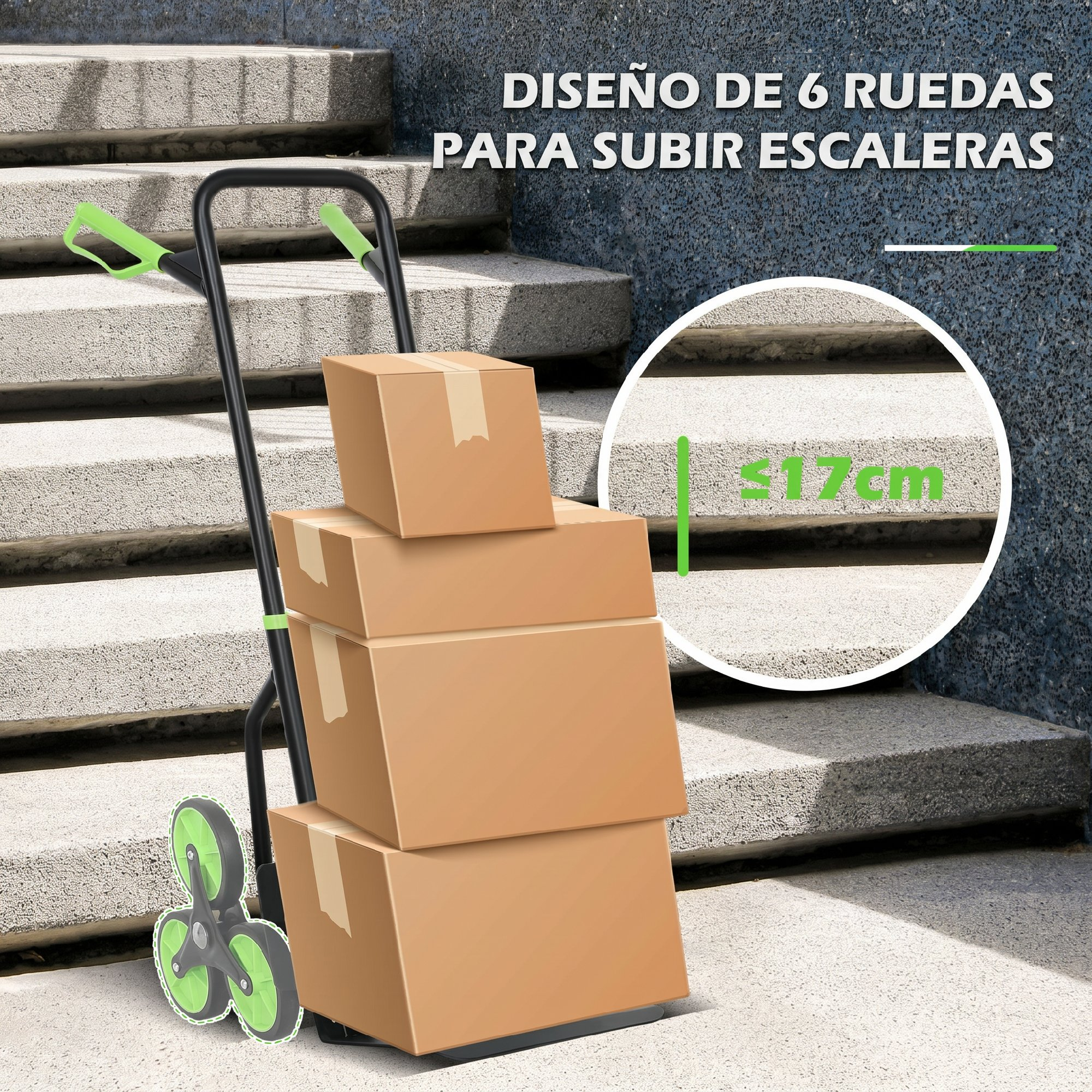 Carretilla subeescaleras cargada con cajas, muestra diseño de 6 ruedas y límite de altura.