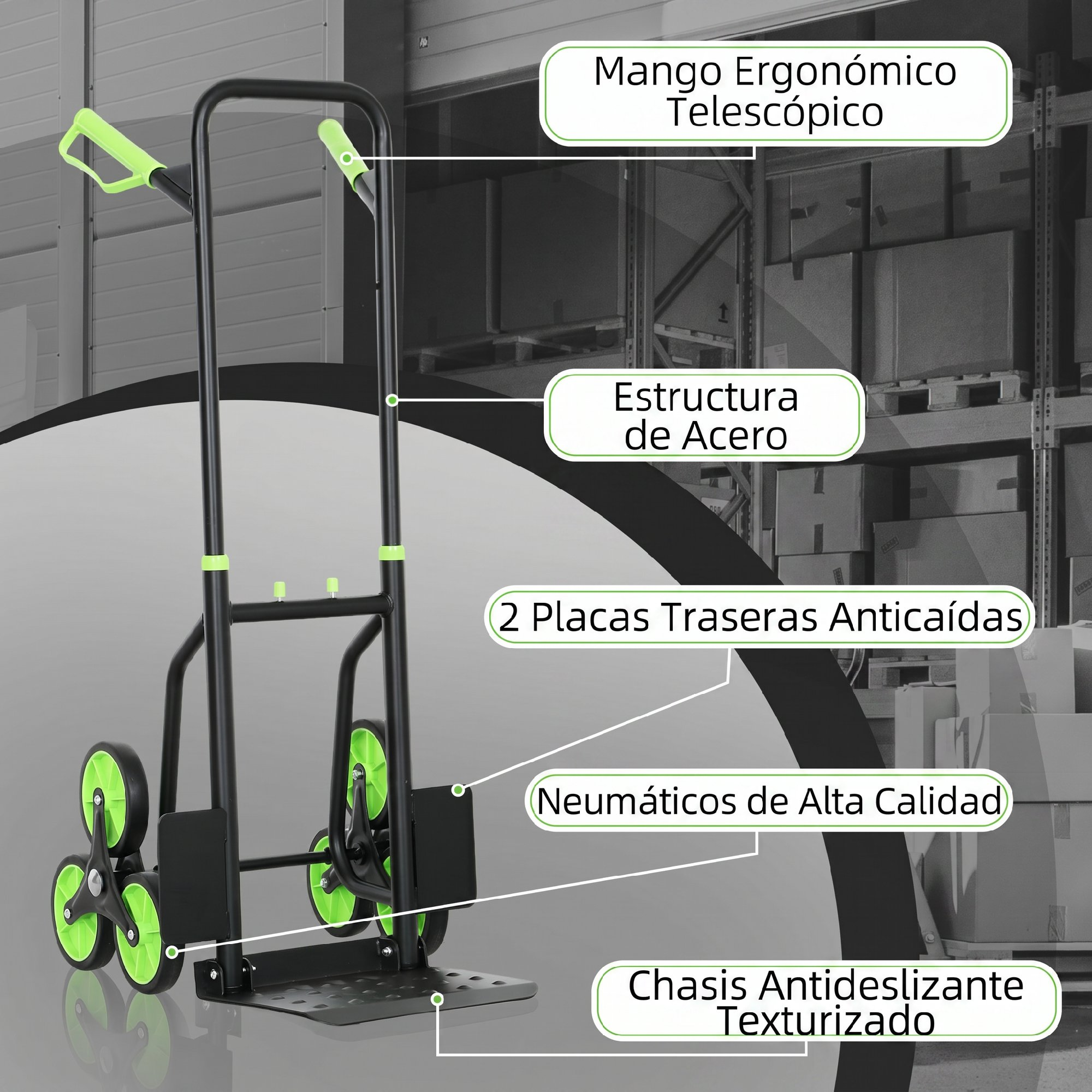 Una carretilla de mano negra y verde con características etiquetadas.